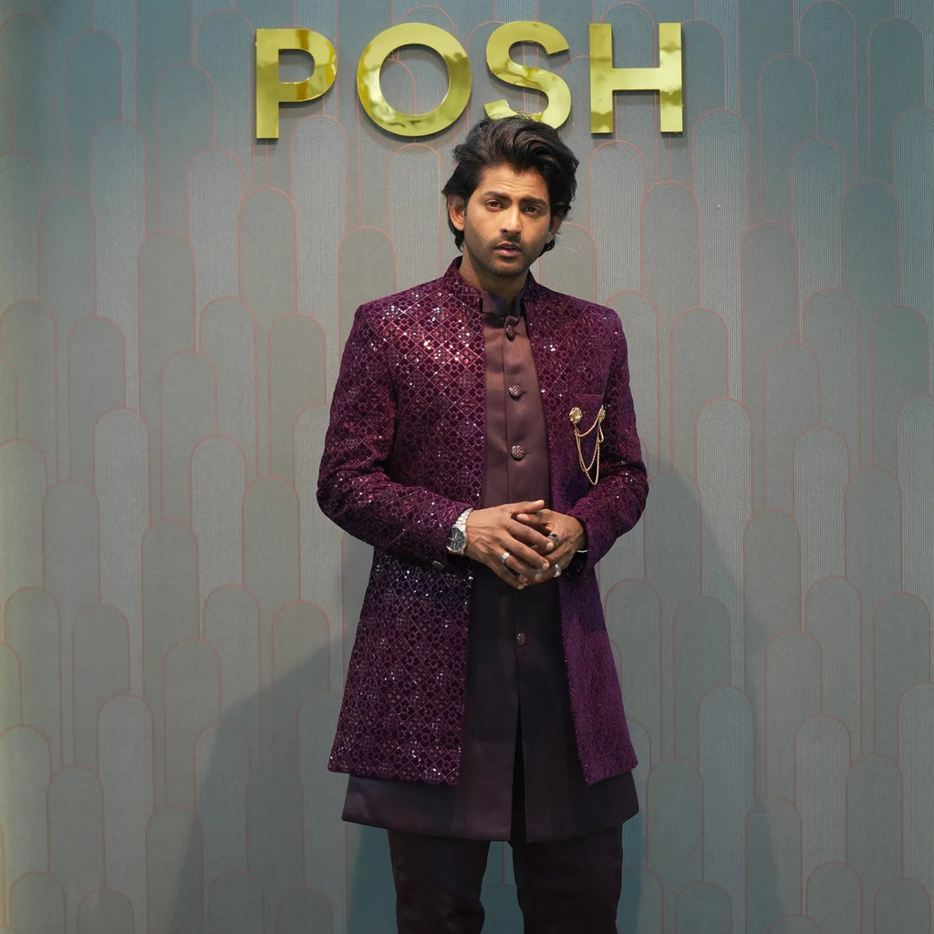 groom wearing rented Wine Sequin Indo-Western Set from posh wedding rental