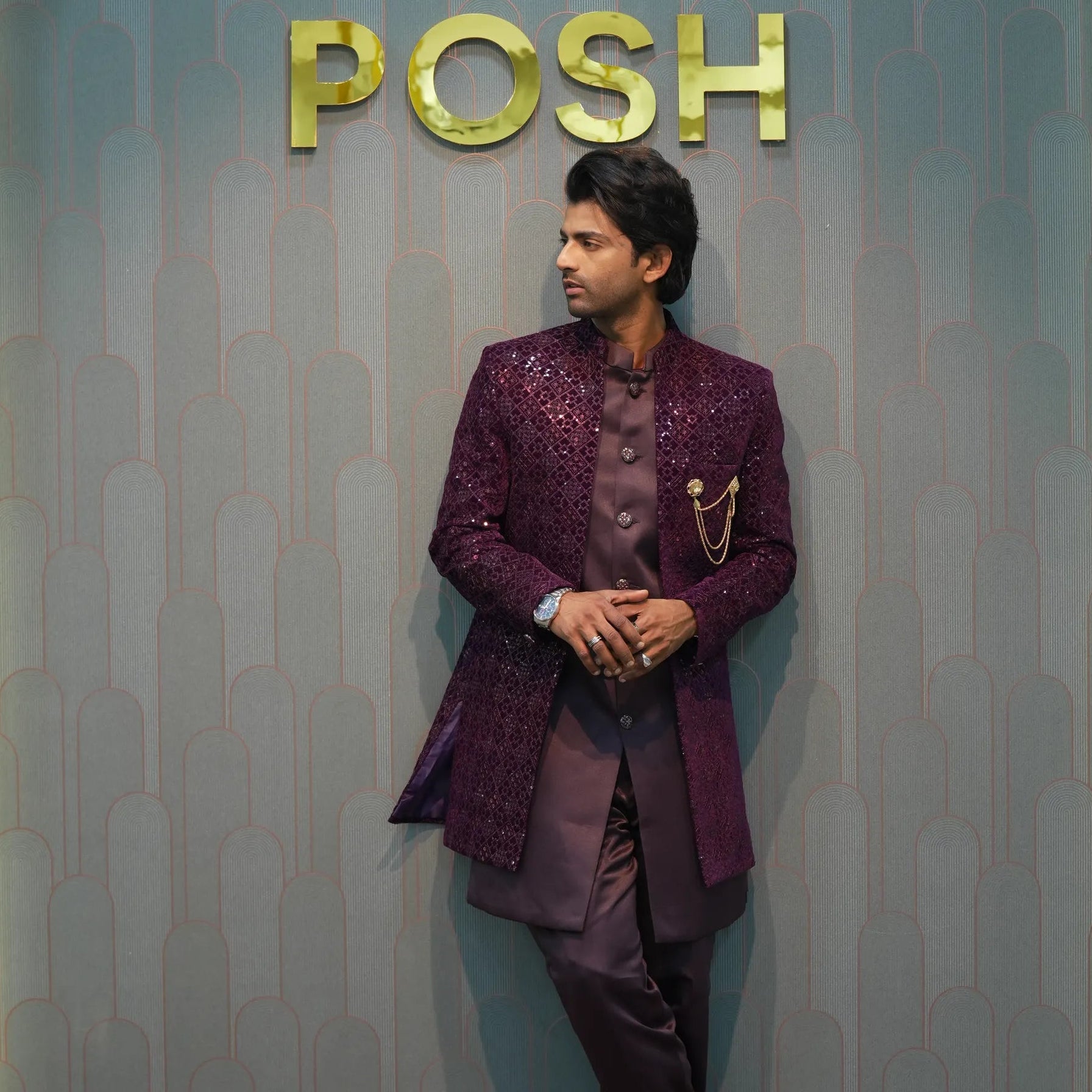 groom wearing rented Wine Sequin Indo-Western Set from posh wedding rental