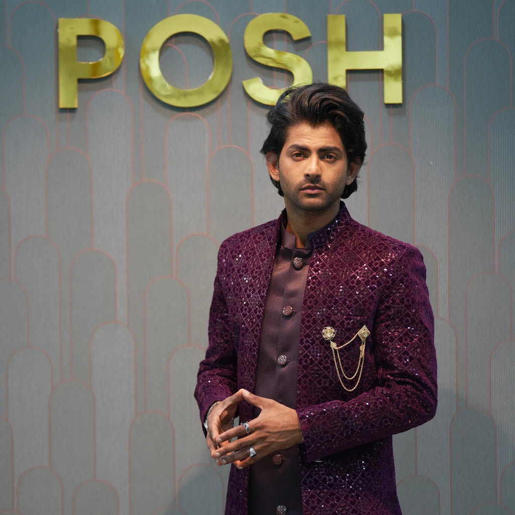 groom wearing rented Wine Sequin Indo-Western Set from posh wedding rental