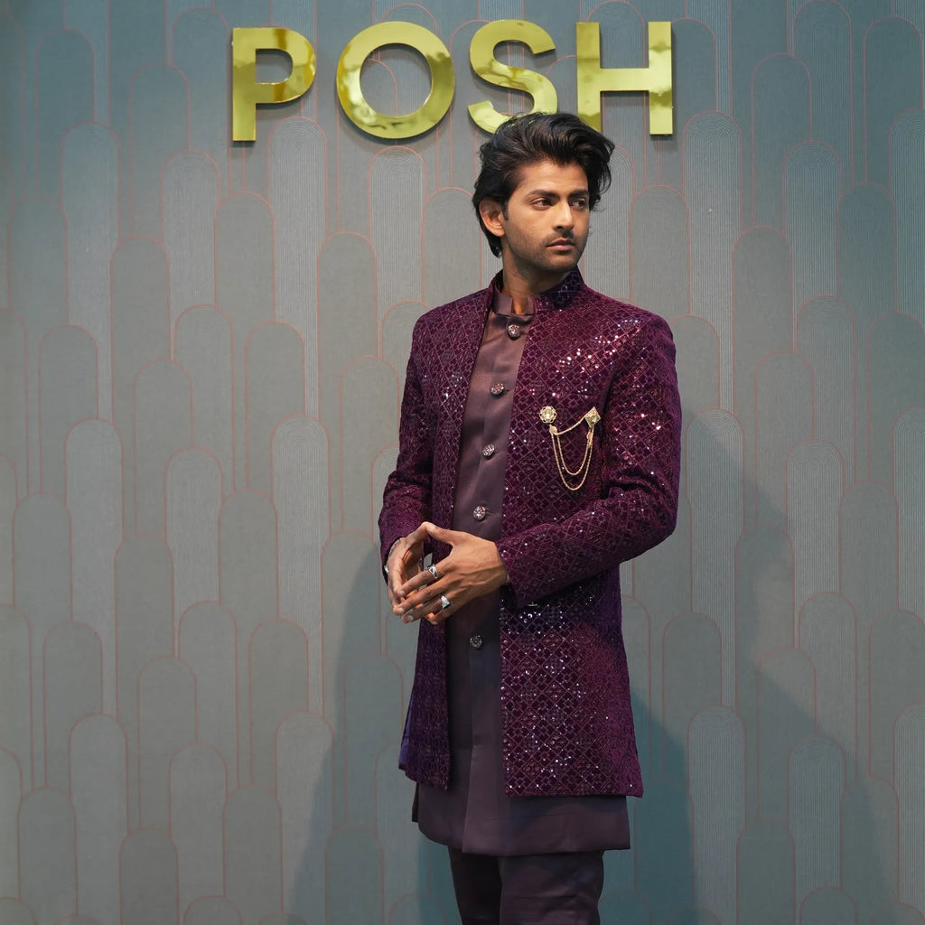 groom wearing rented Wine Sequin Indo-Western Set from posh wedding rental