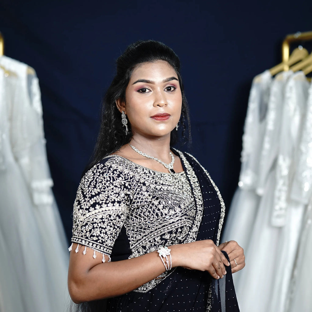 Navy Blue Designer Crop Top Saree