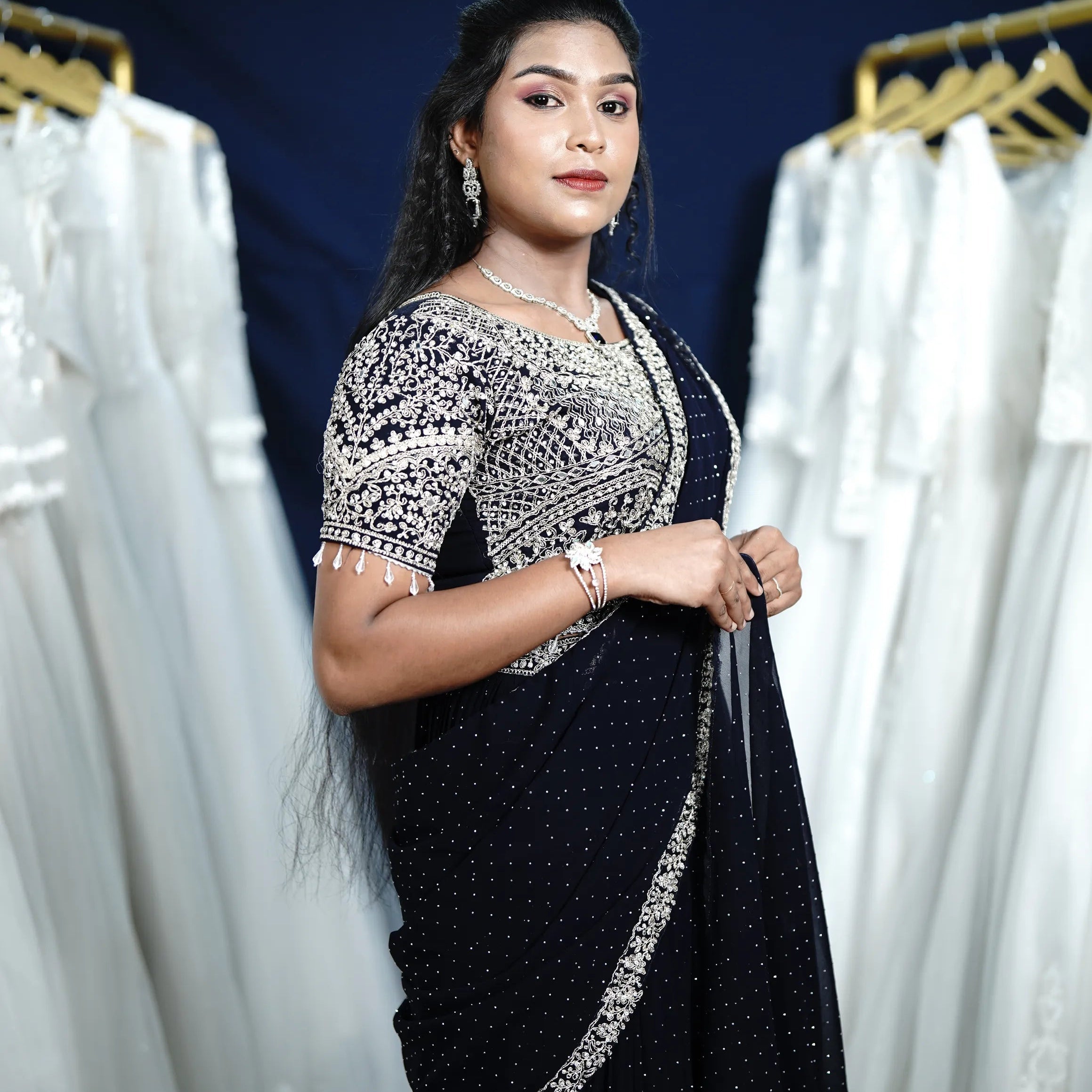 Navy Blue Designer Crop Top Saree