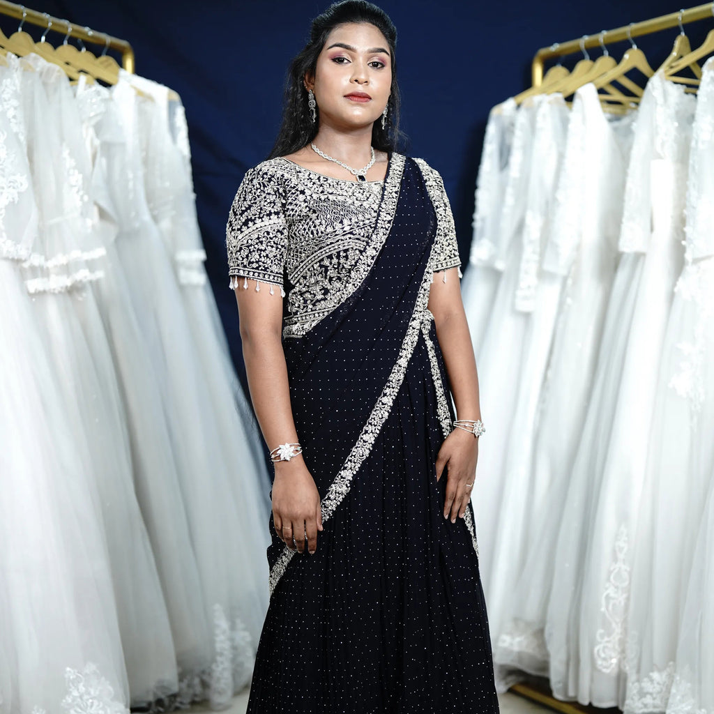 Navy Blue Designer Crop Top Saree