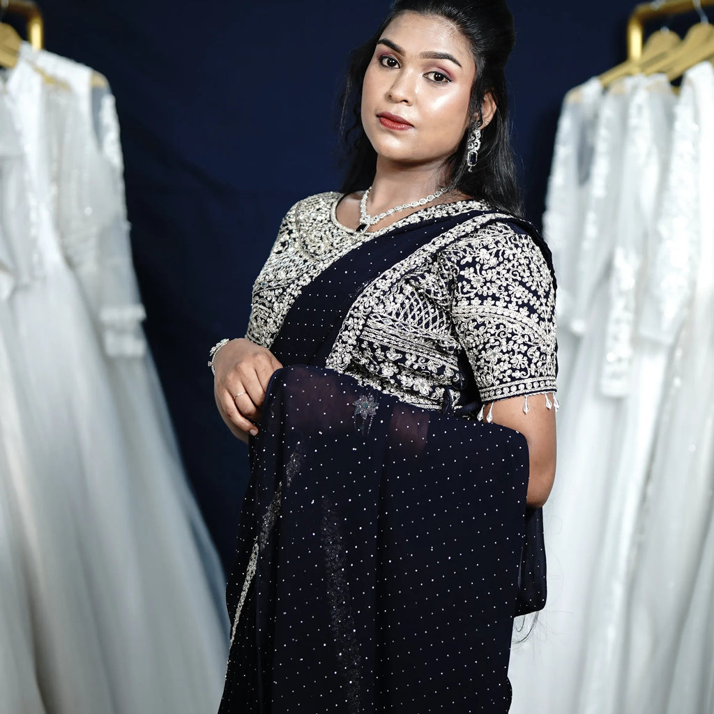 Navy Blue Designer Crop Top Saree