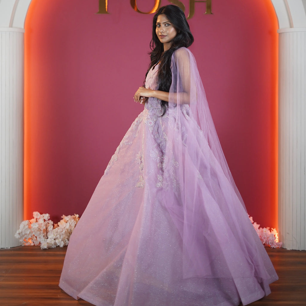 lavender princess bridal ball gown available at Posh Wedding Rental Kerala reception gown rental