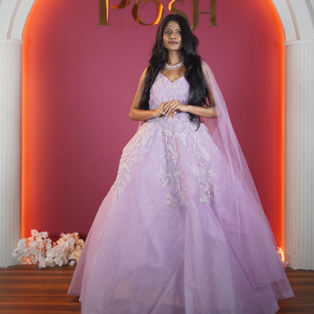 lavender princess bridal ball gown available at Posh Wedding Rental Kerala reception gown rental