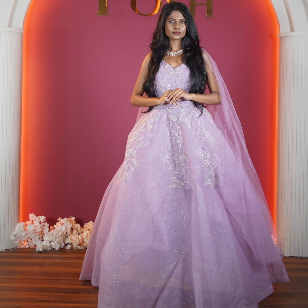 lavender princess bridal ball gown available at Posh Wedding Rental Kerala reception gown rental