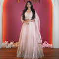 blush pink embroidered designer lehenga with dupatta available at Posh Wedding Rental Kerala lehenga rental