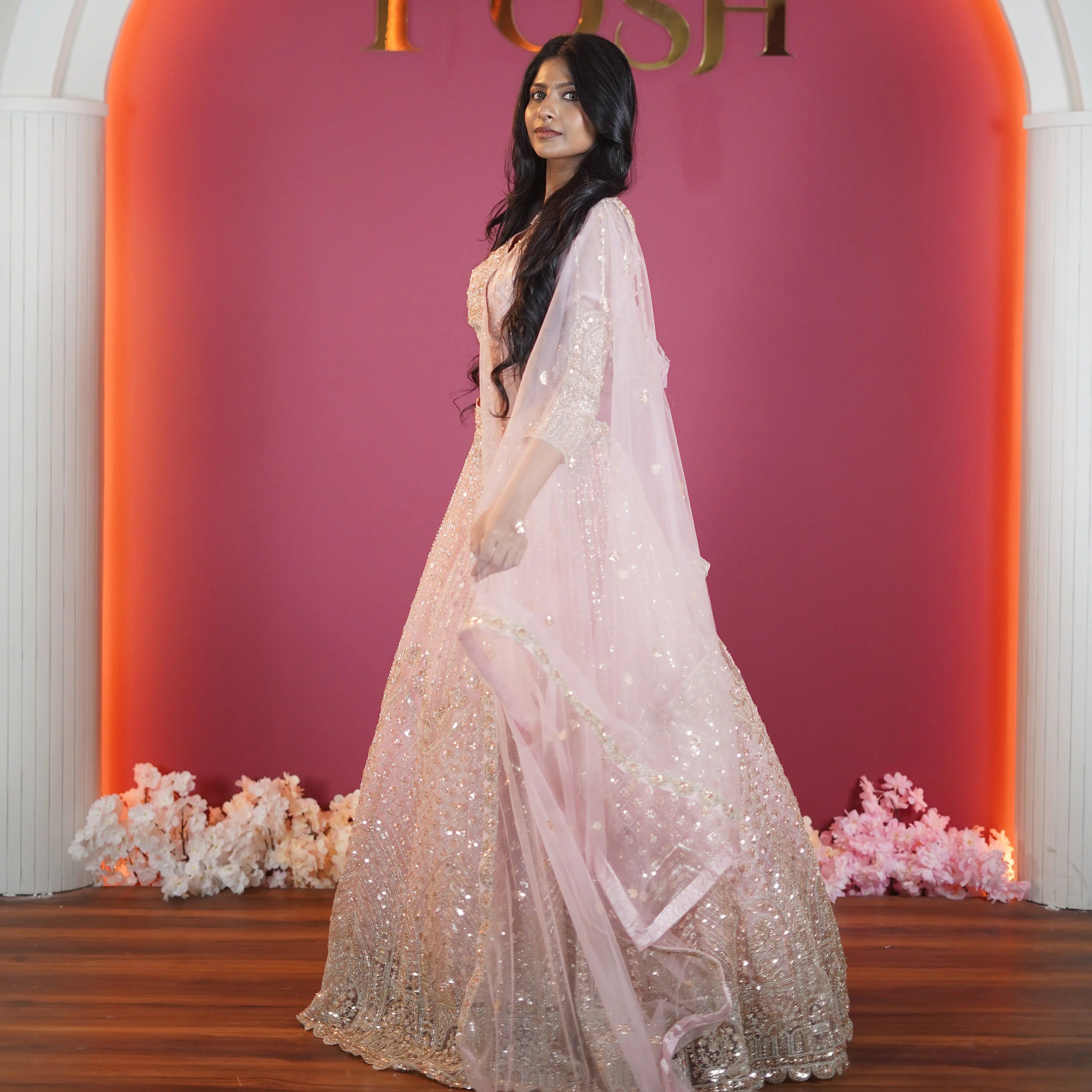 blush pink embroidered designer lehenga with dupatta available at Posh Wedding Rental Kerala lehenga rental