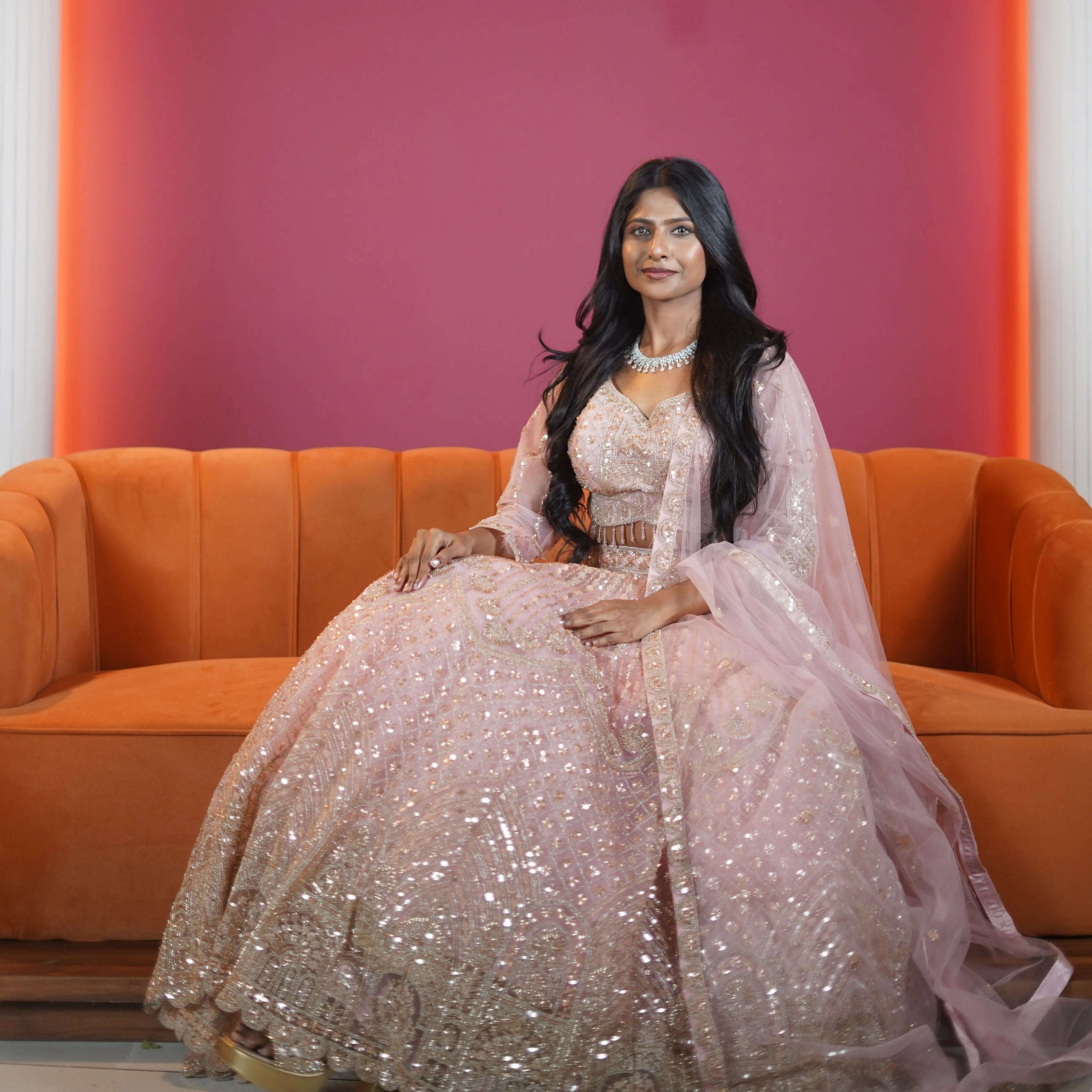 blush pink embroidered designer lehenga with dupatta available at Posh Wedding Rental Kerala lehenga rental