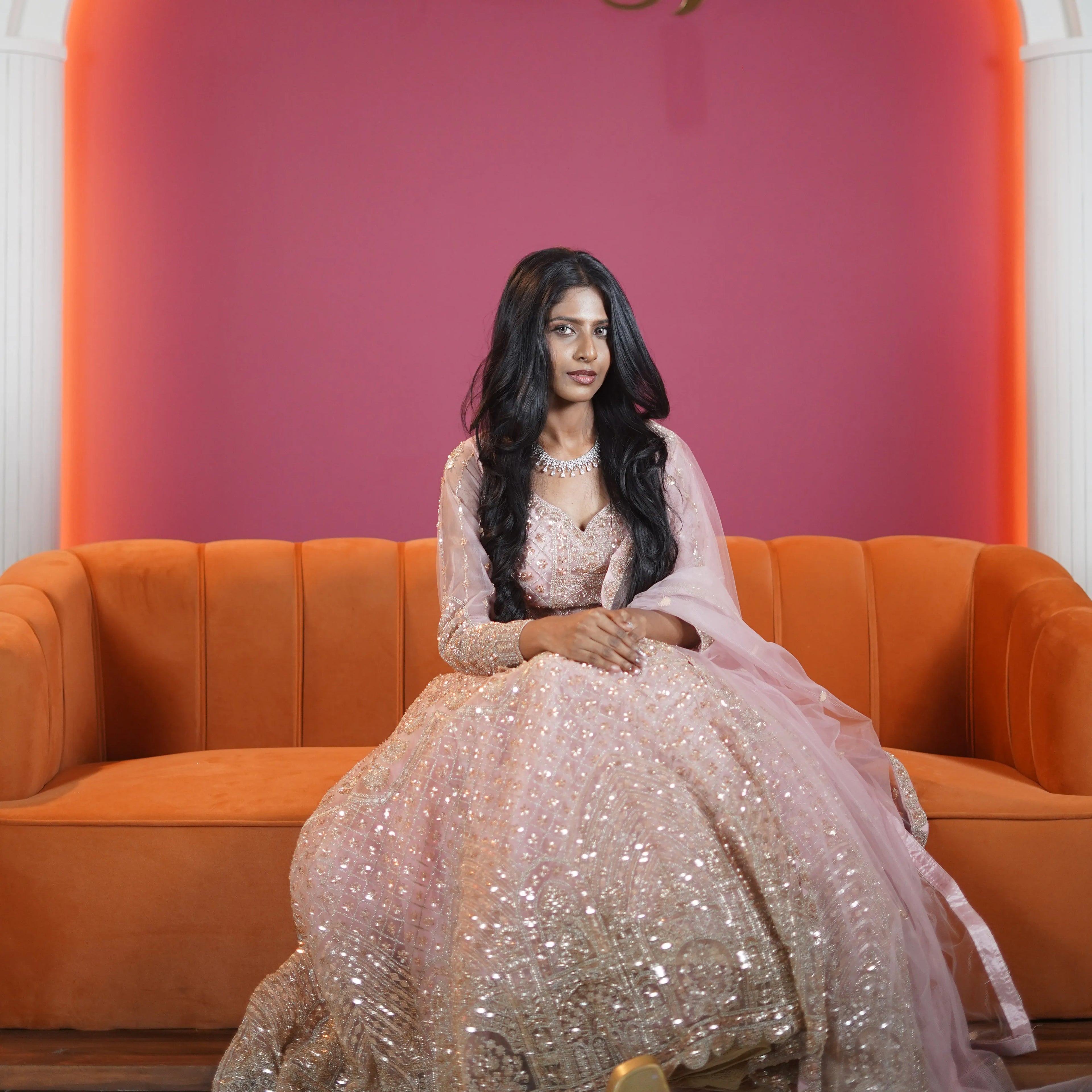 blush pink embroidered designer lehenga with dupatta available at Posh Wedding Rental Kerala lehenga rental