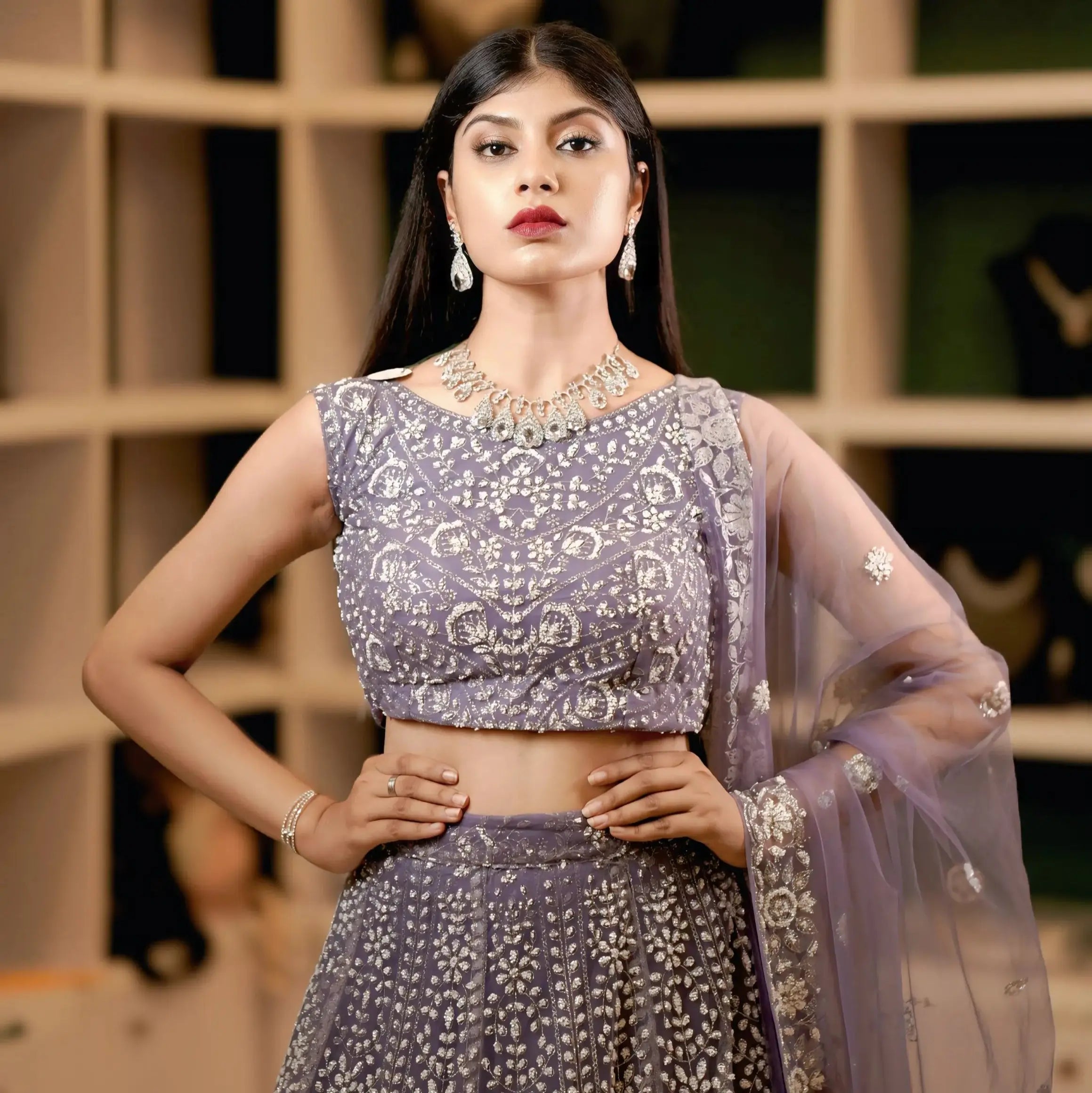 lavender bridal lehenga with silver embroidery for wedding rental kerala