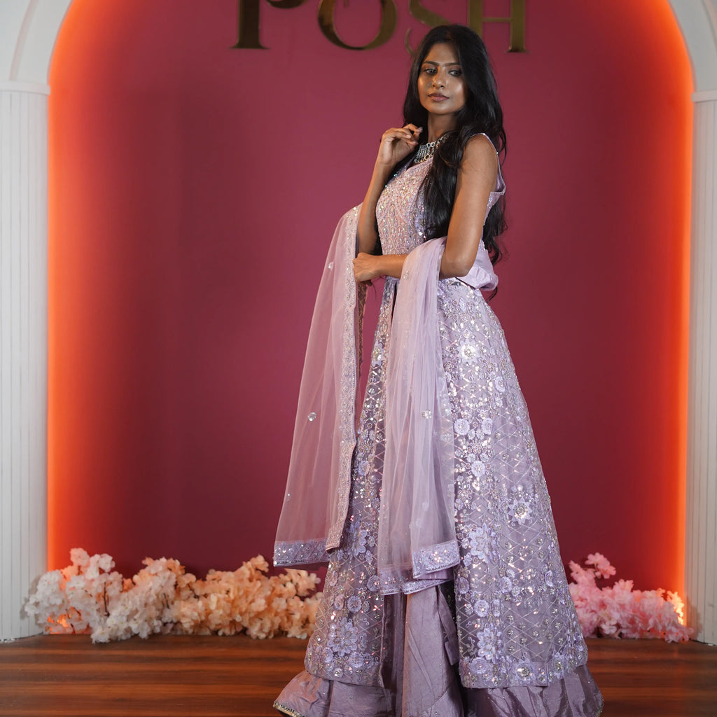lavender designer lehenga with embroidered dupatta available at Posh Wedding Rental Kerala lehenga rental