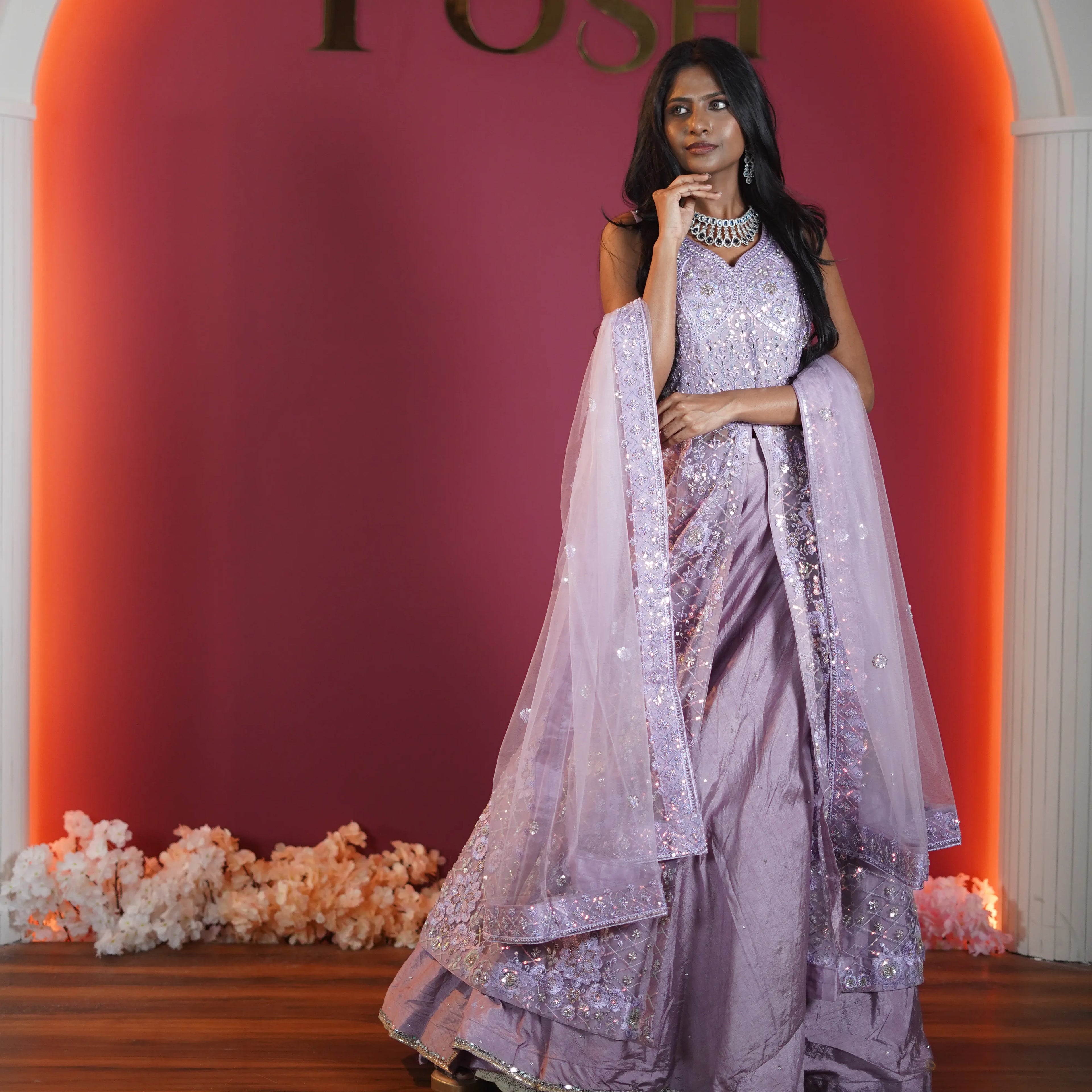 lavender designer lehenga with embroidered dupatta available at Posh Wedding Rental Kerala lehenga rental