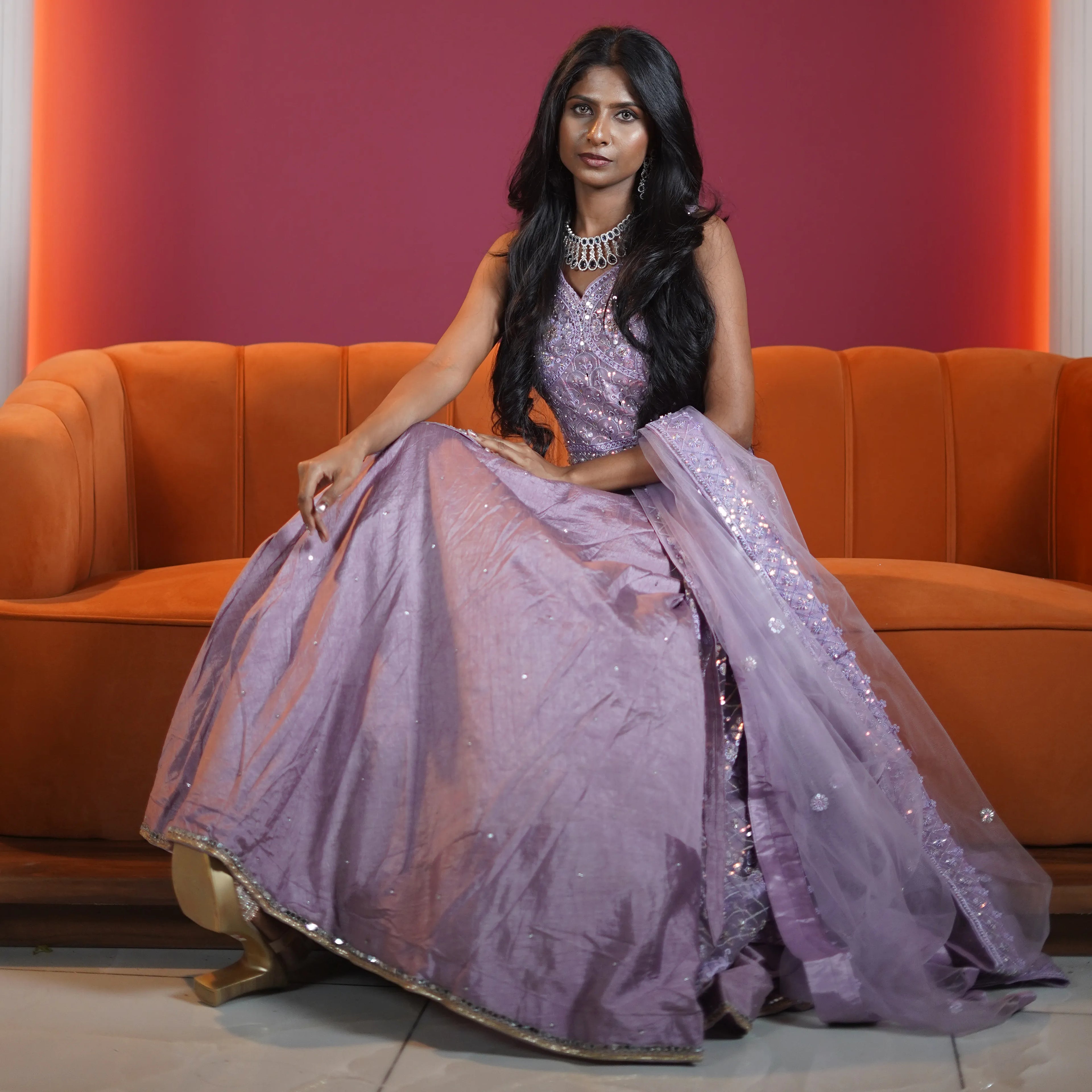 lavender designer lehenga with embroidered dupatta available at Posh Wedding Rental Kerala lehenga rental