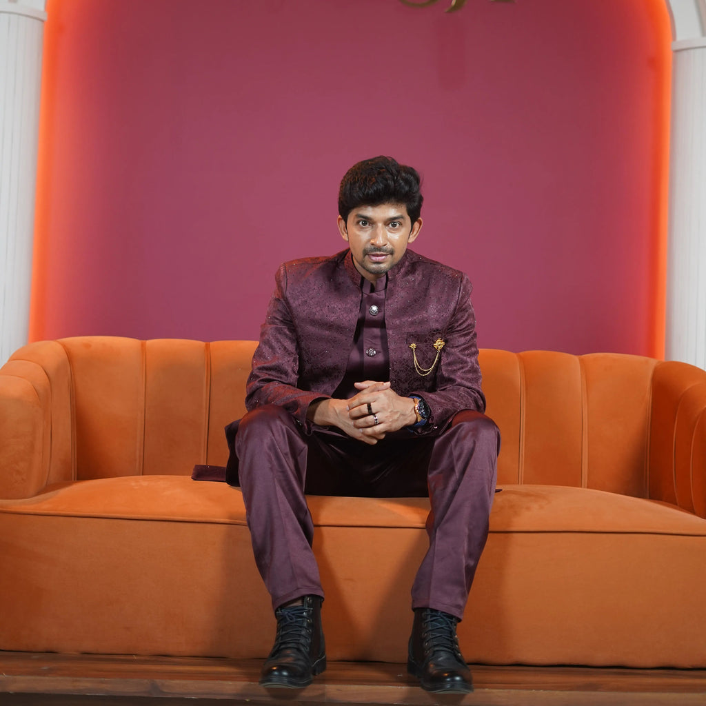 royal maroon embroidered designer sherwani for groom available at Posh Wedding Rental Kerala sherwani rental