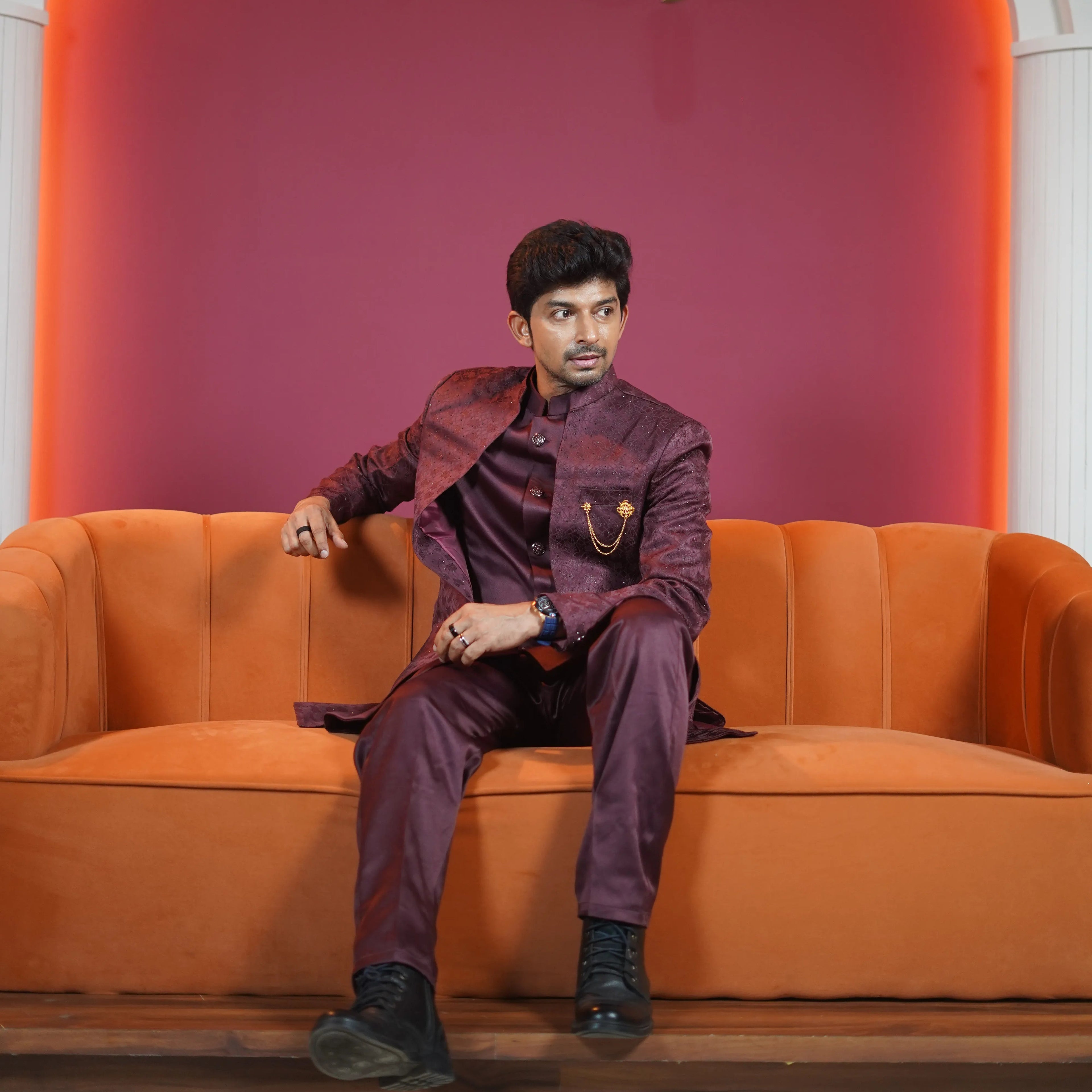 royal maroon embroidered designer sherwani for groom available at Posh Wedding Rental Kerala sherwani rental