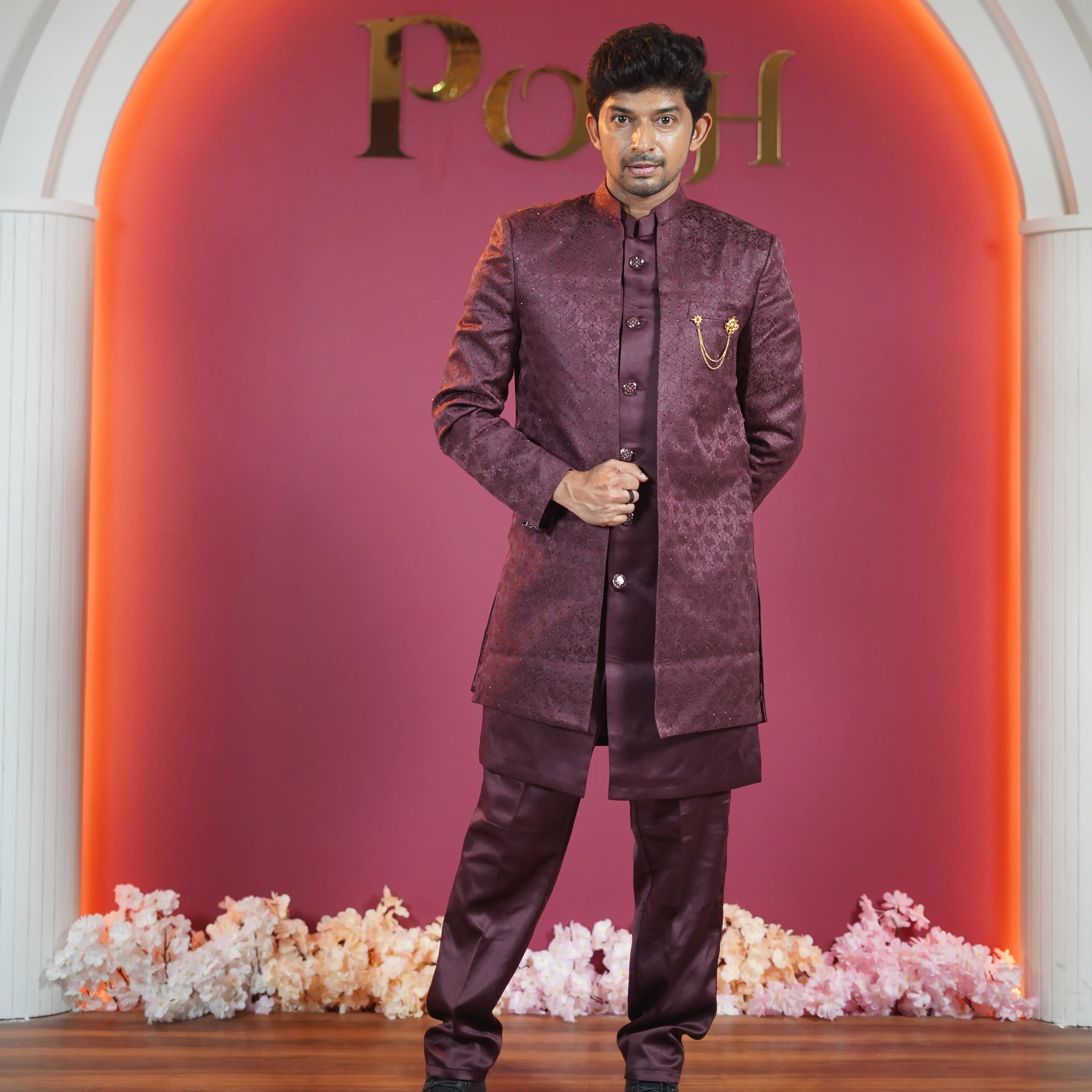 royal maroon embroidered designer sherwani for groom available at Posh Wedding Rental Kerala sherwani rental