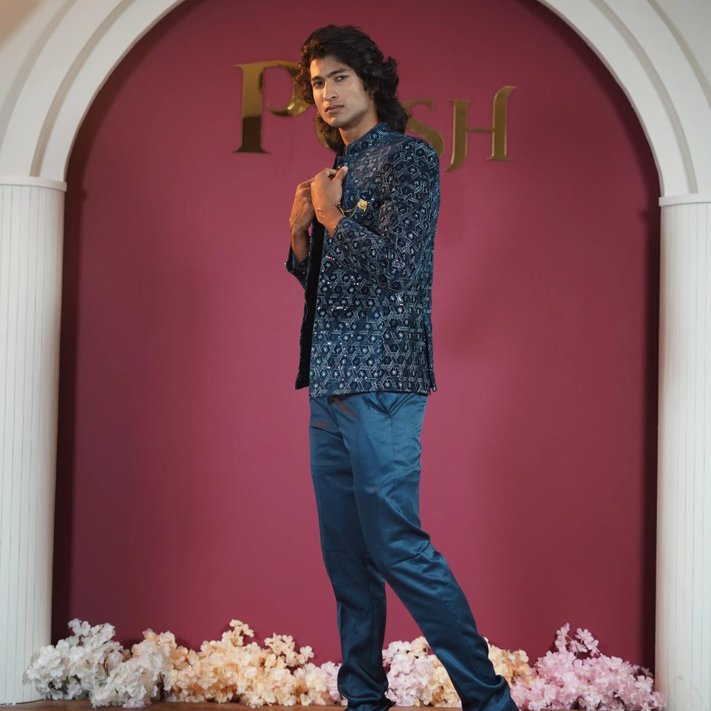 Navy Blue Designer Indo-Western Jodhpuri Suit