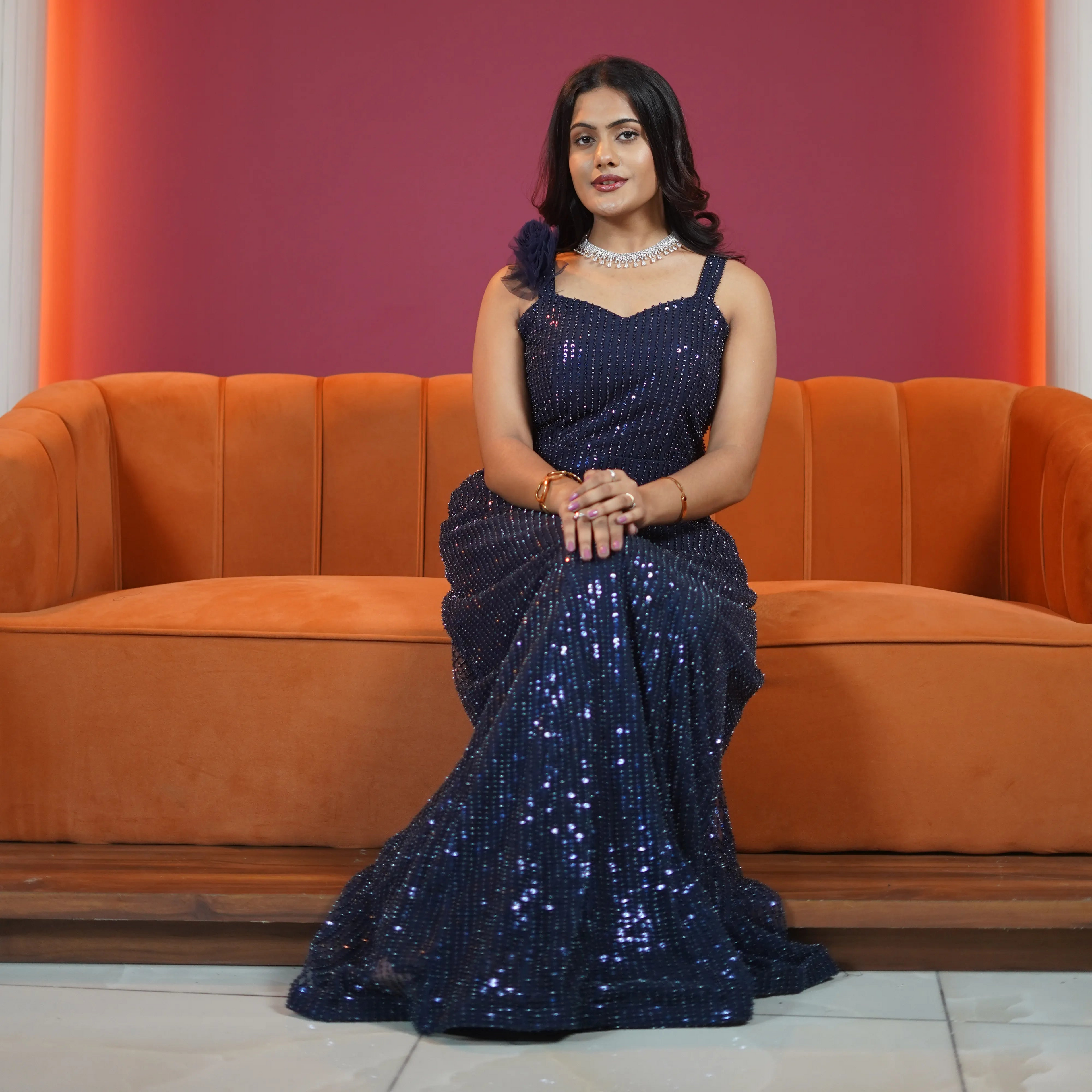 Navy Blue Designer Sequin Gown