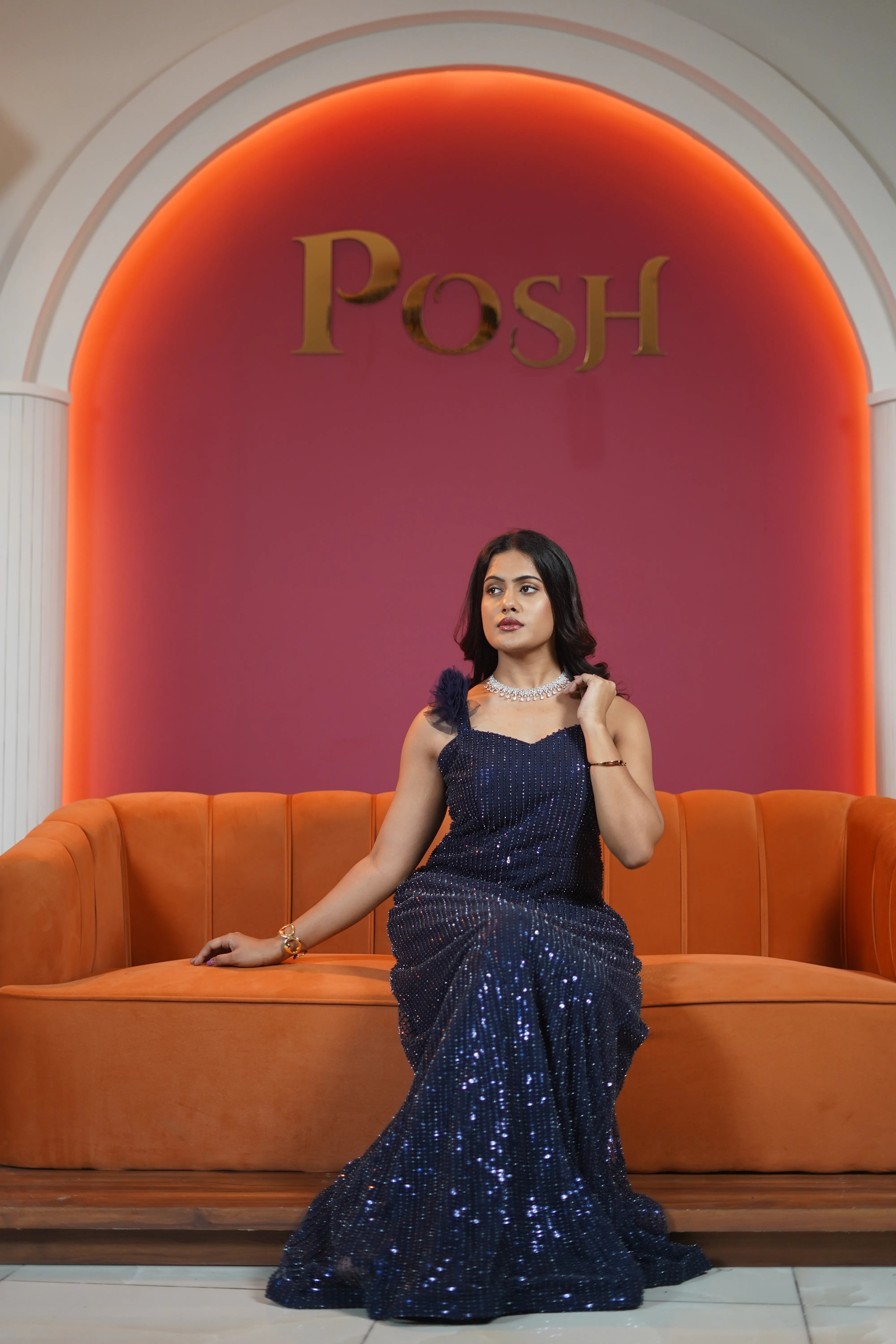 Navy Blue Designer Sequin Gown