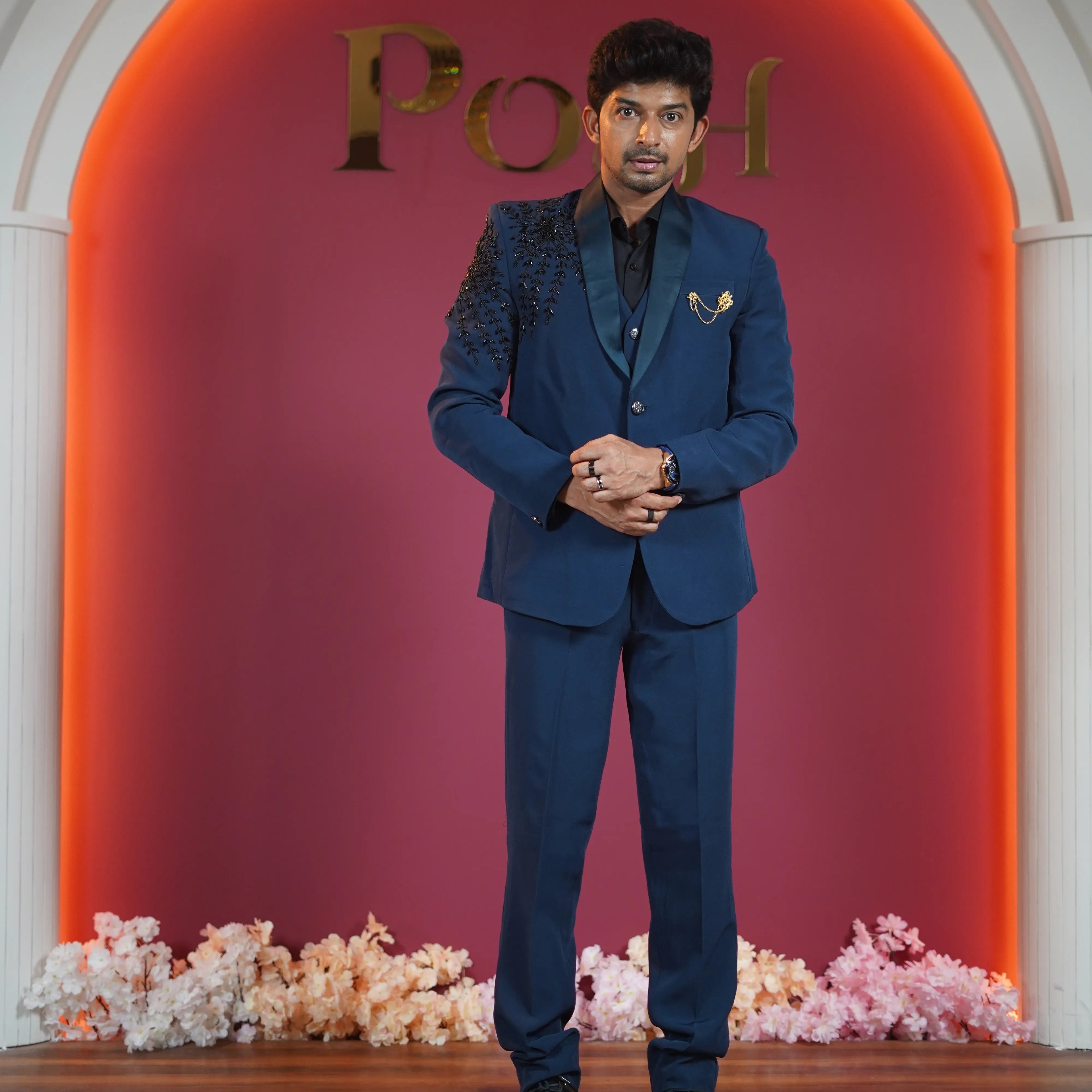 Royal navy blue designer tuxedo for groom available at Posh Wedding Rental Kerala wedding suit rental