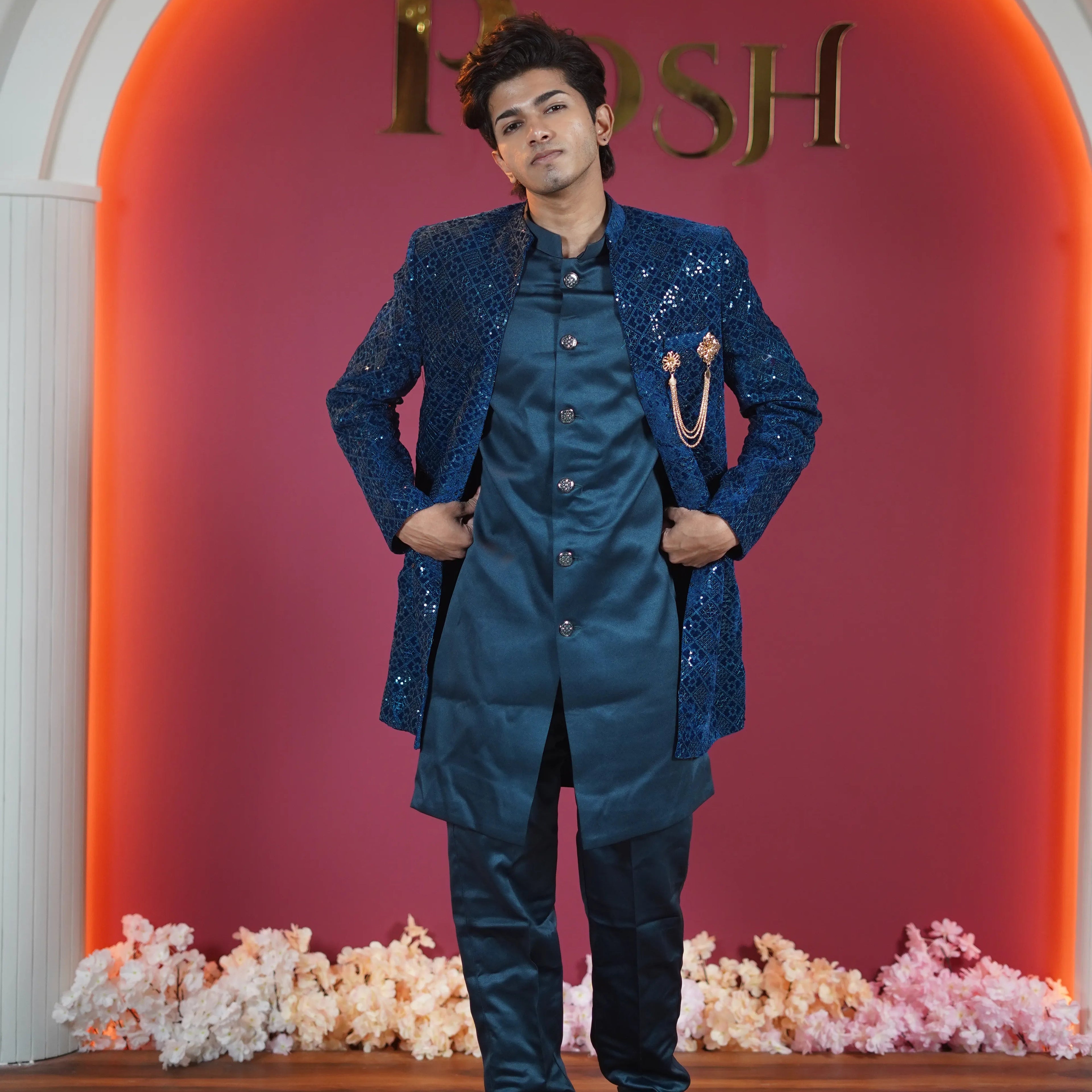 Royal blue groom Indo-western outfit available on rent at Posh Wedding Rentals Kerala.
