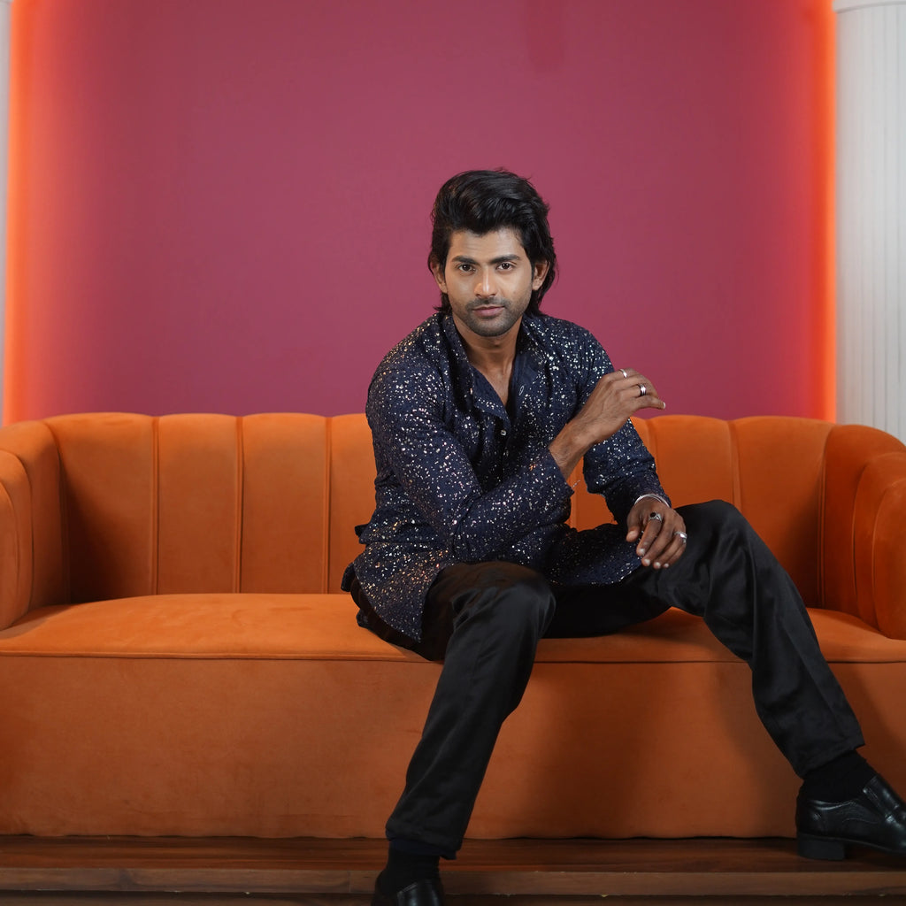 midnight blue sequin designer kurta for men available at Posh Wedding Rental Kerala ethnic wear rental