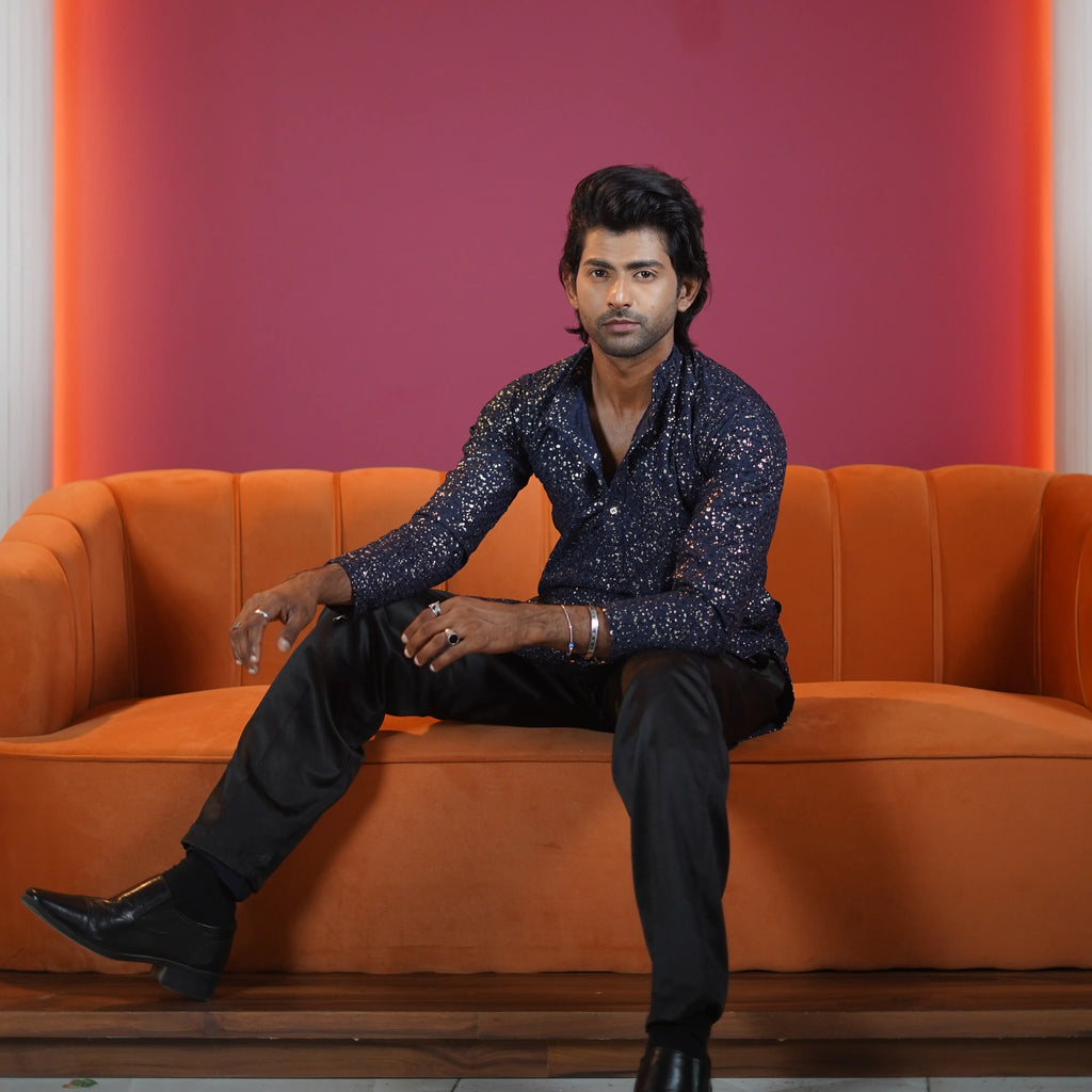midnight blue sequin designer kurta for men available at Posh Wedding Rental Kerala ethnic wear rental