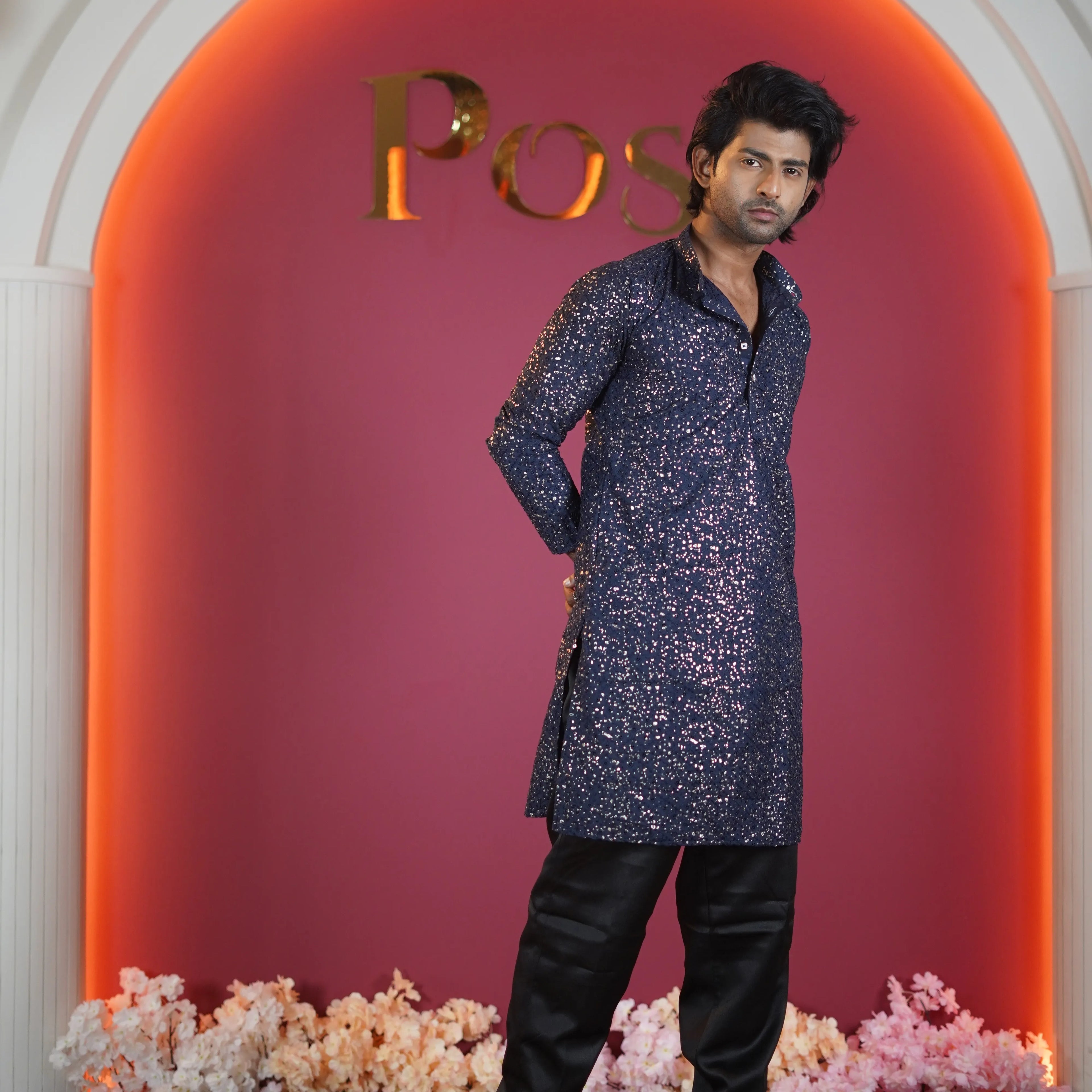 midnight blue sequin designer kurta for men available at Posh Wedding Rental Kerala ethnic wear rental