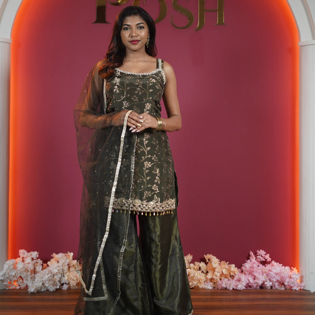 Dark Green Designer Sharara Set with Embroidery