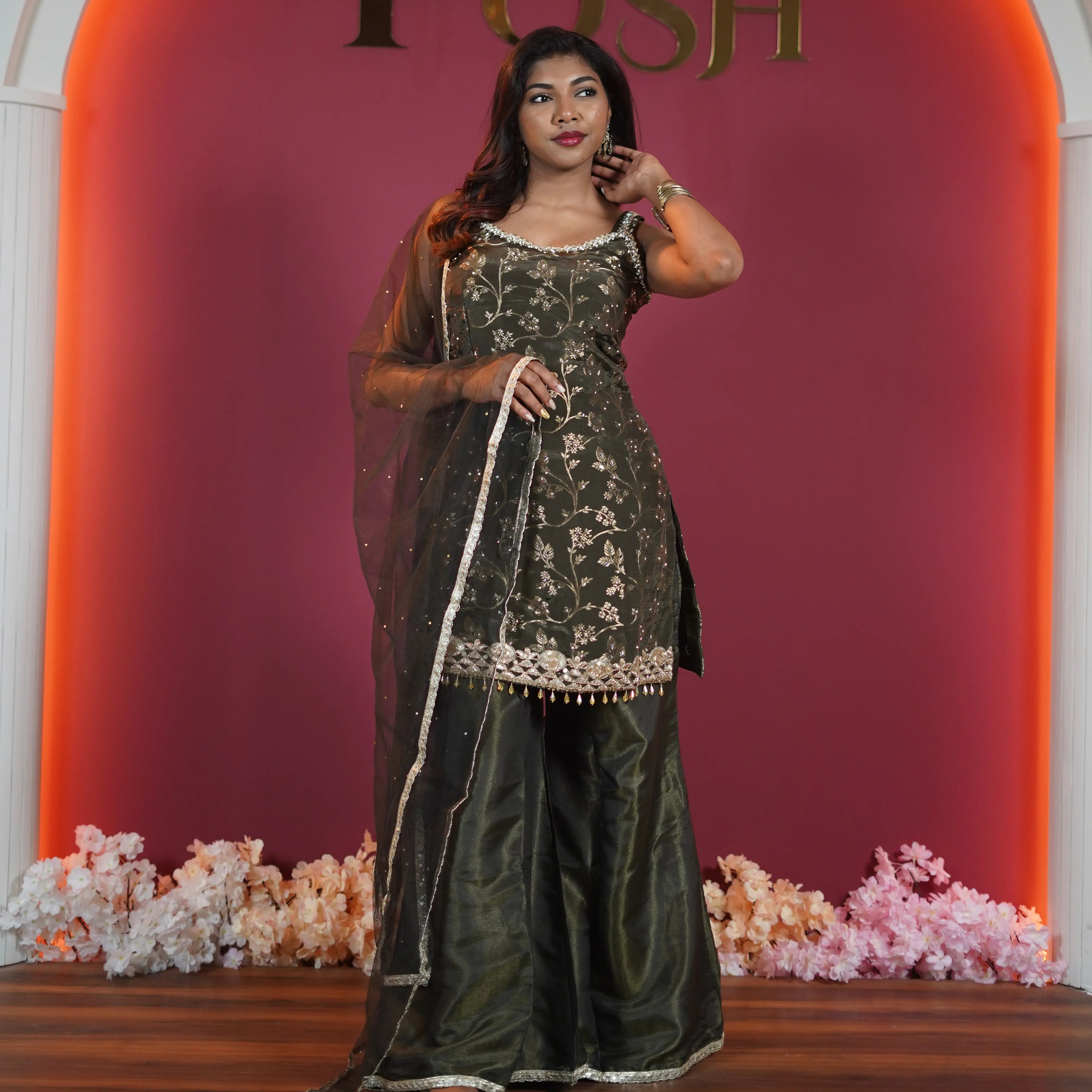 Dark Green Designer Sharara Set with Embroidery