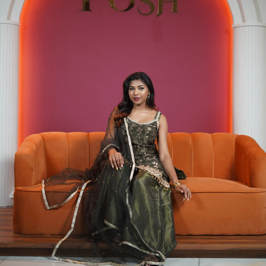Dark Green Designer Sharara Set with Embroidery