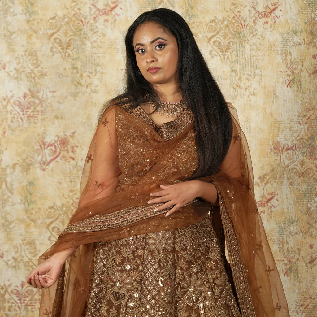 Woman in a traditional Light Coffee Crop Top Lehenga 