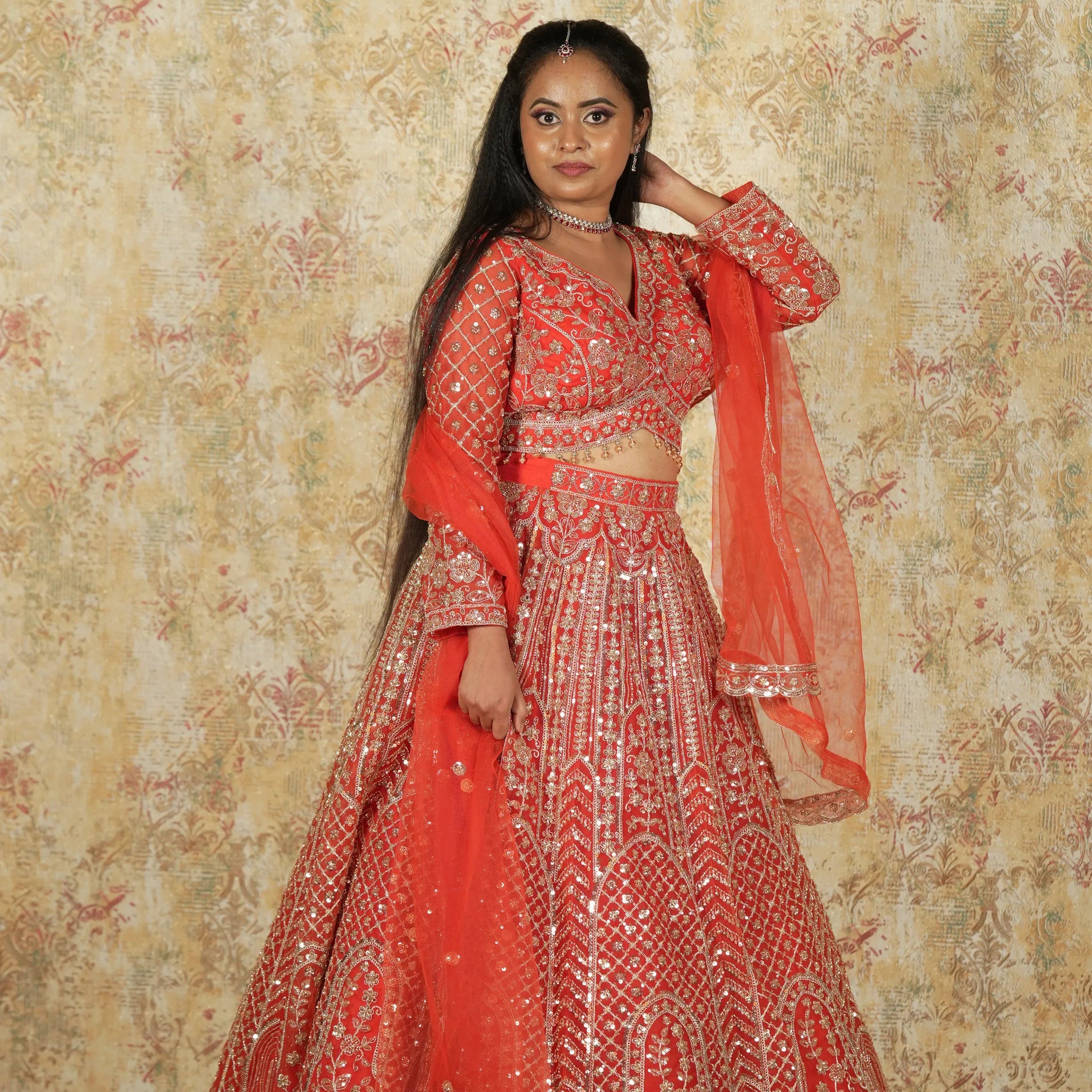 Orange Designer Crop Top Lehenga