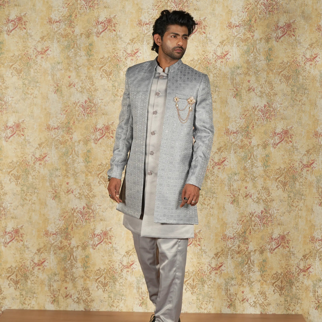 Silver Grey Designer Indo-Western Sherwani