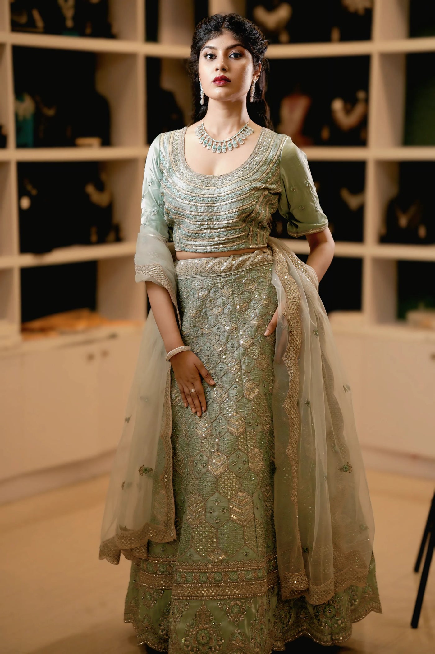 Pastel Sage Green Embroidered Lehenga