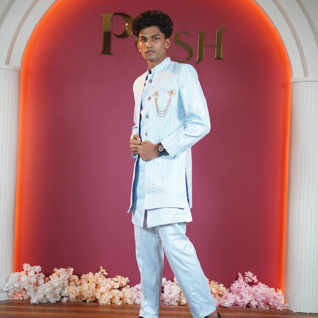 Pastel blue designer sherwani for groom available at Posh Wedding Rental Kerala wedding sherwani rental
