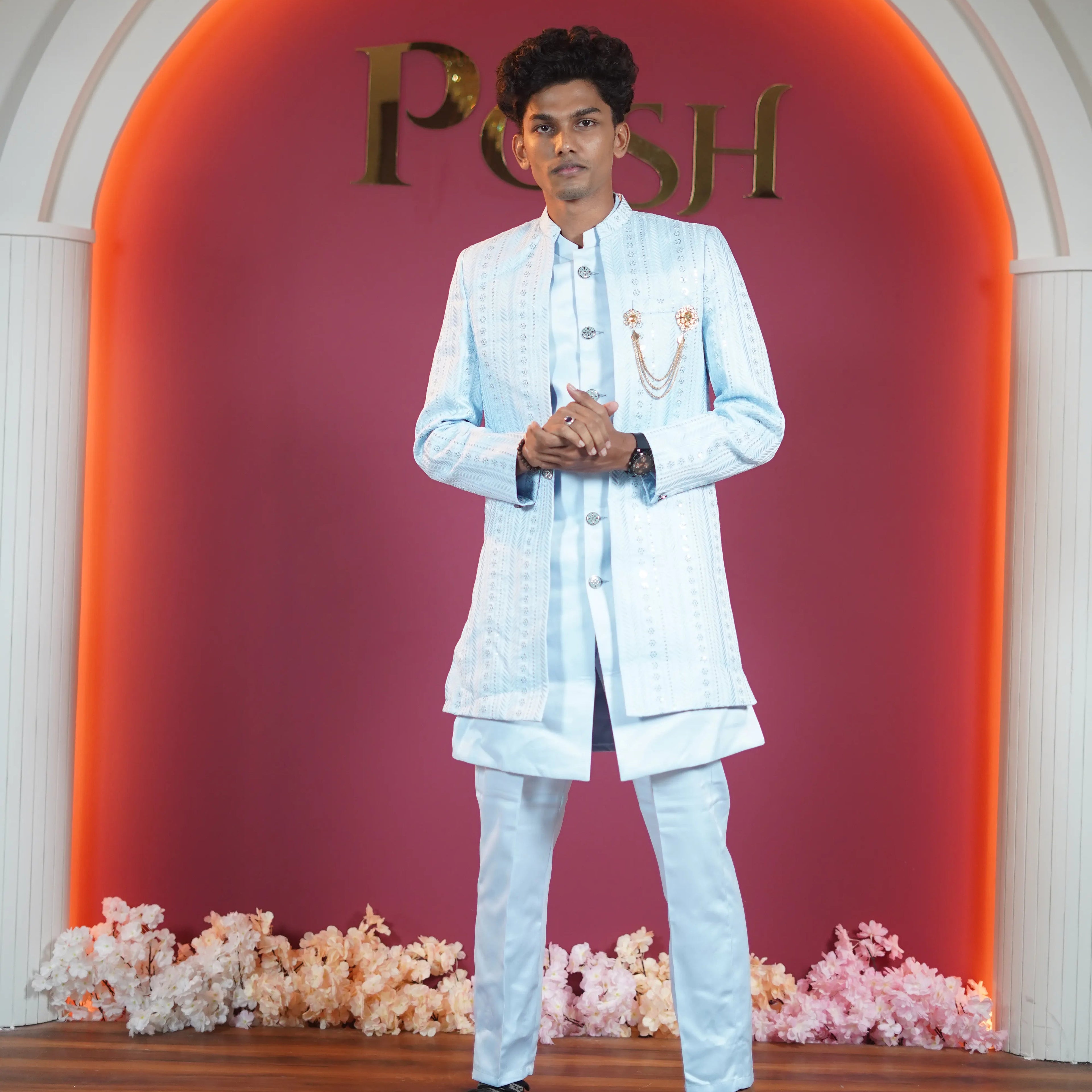 Pastel blue designer sherwani for groom available at Posh Wedding Rental Kerala wedding sherwani rental