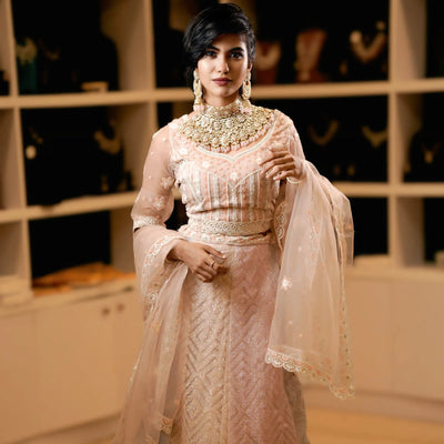 Woman in a traditional embroidered dress with a sheer dupatta in a room setting.
