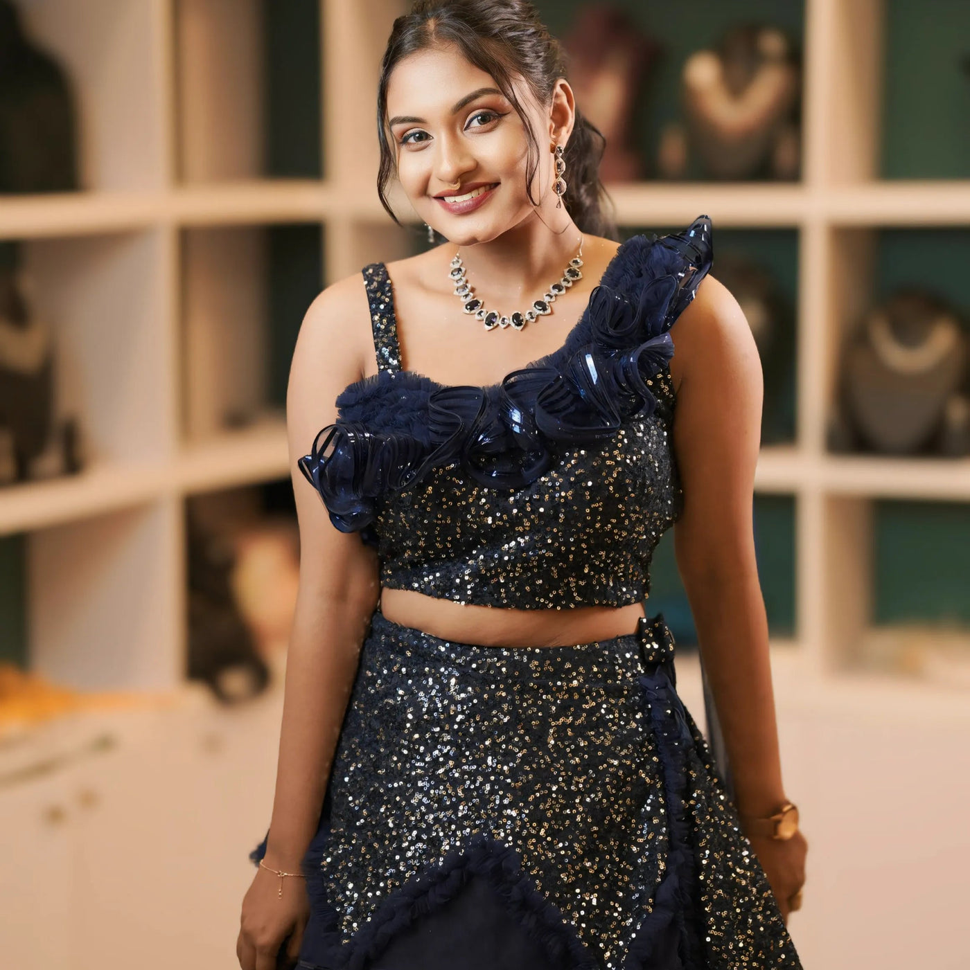 Navy Blue Sequins Crop Top Lehenga