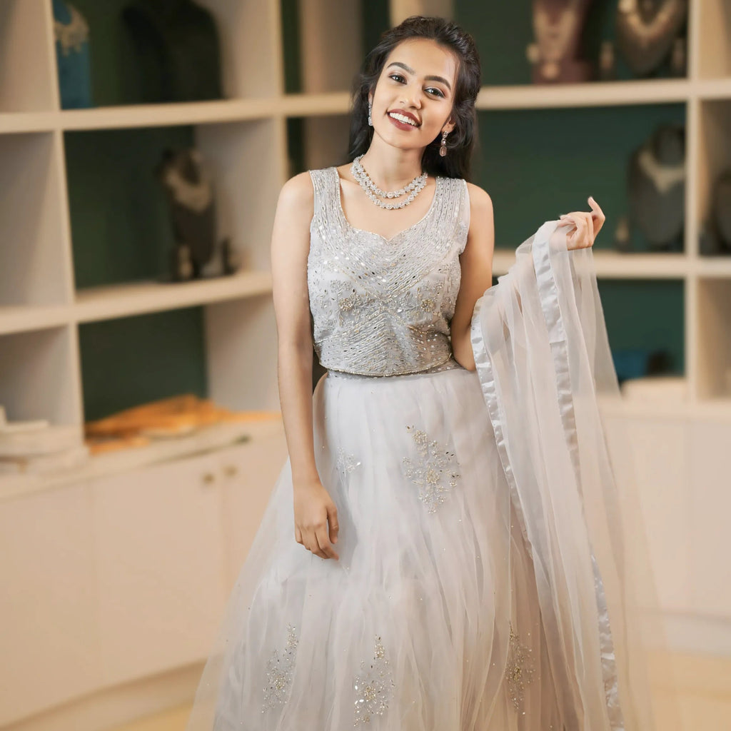 women wearing Silver Grey Embellished Crop Top Lehenga