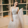 women wearing Silver Grey Embellished Crop Top Lehenga
