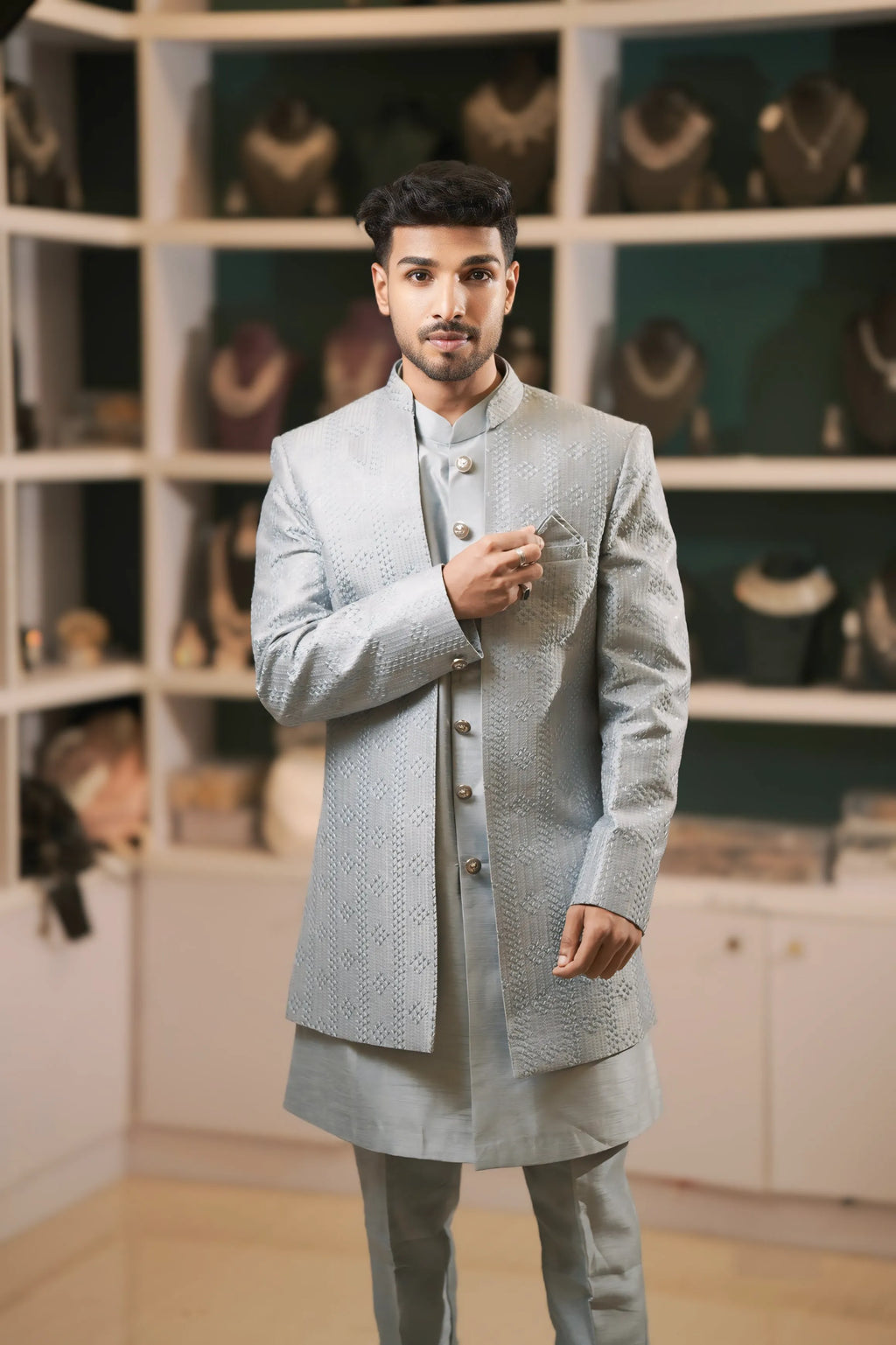 Pastel Blue Textured Sherwani