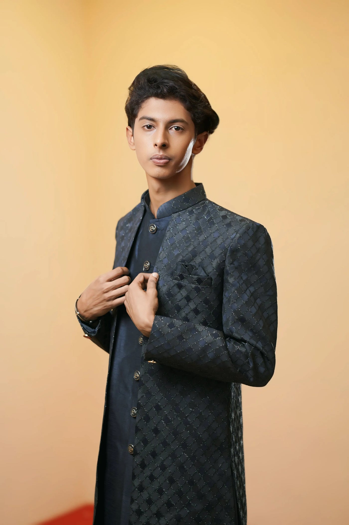 Navy Blue Textured Indo-Western Sherwani