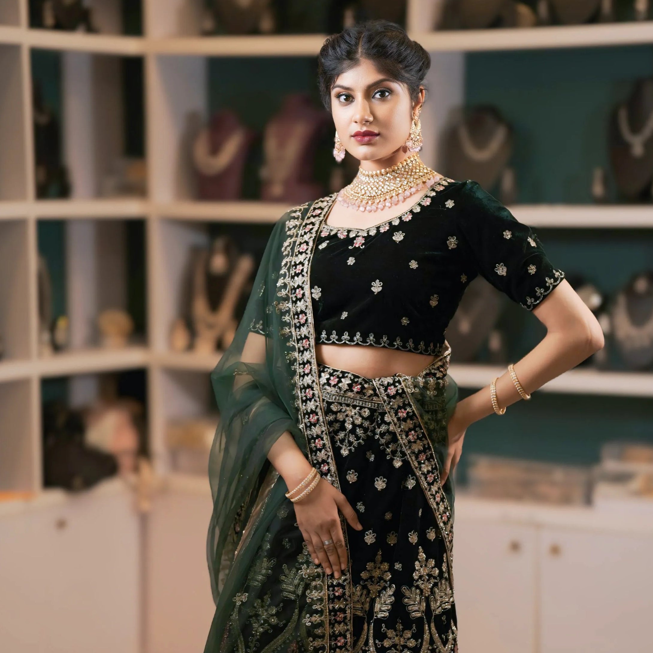 Green and Gold Embroidered Lehenga