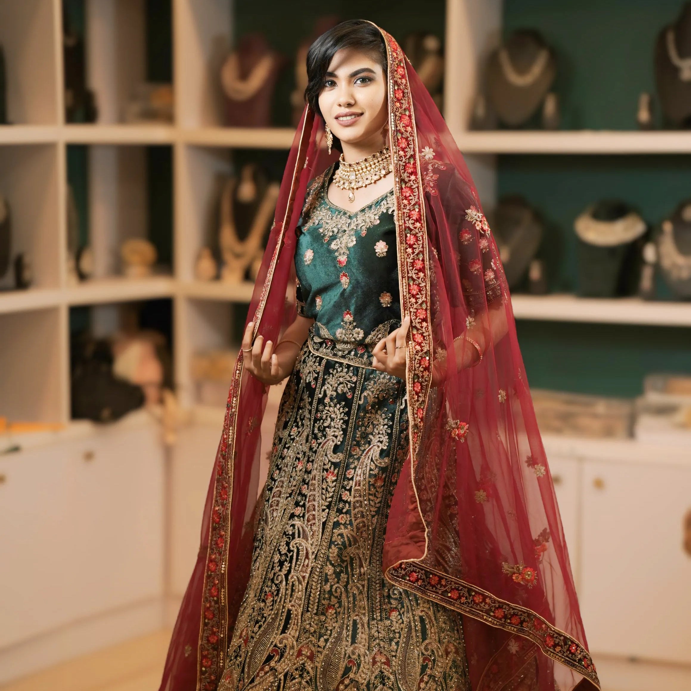 Teal Green & Maroon Bridal Lehenga