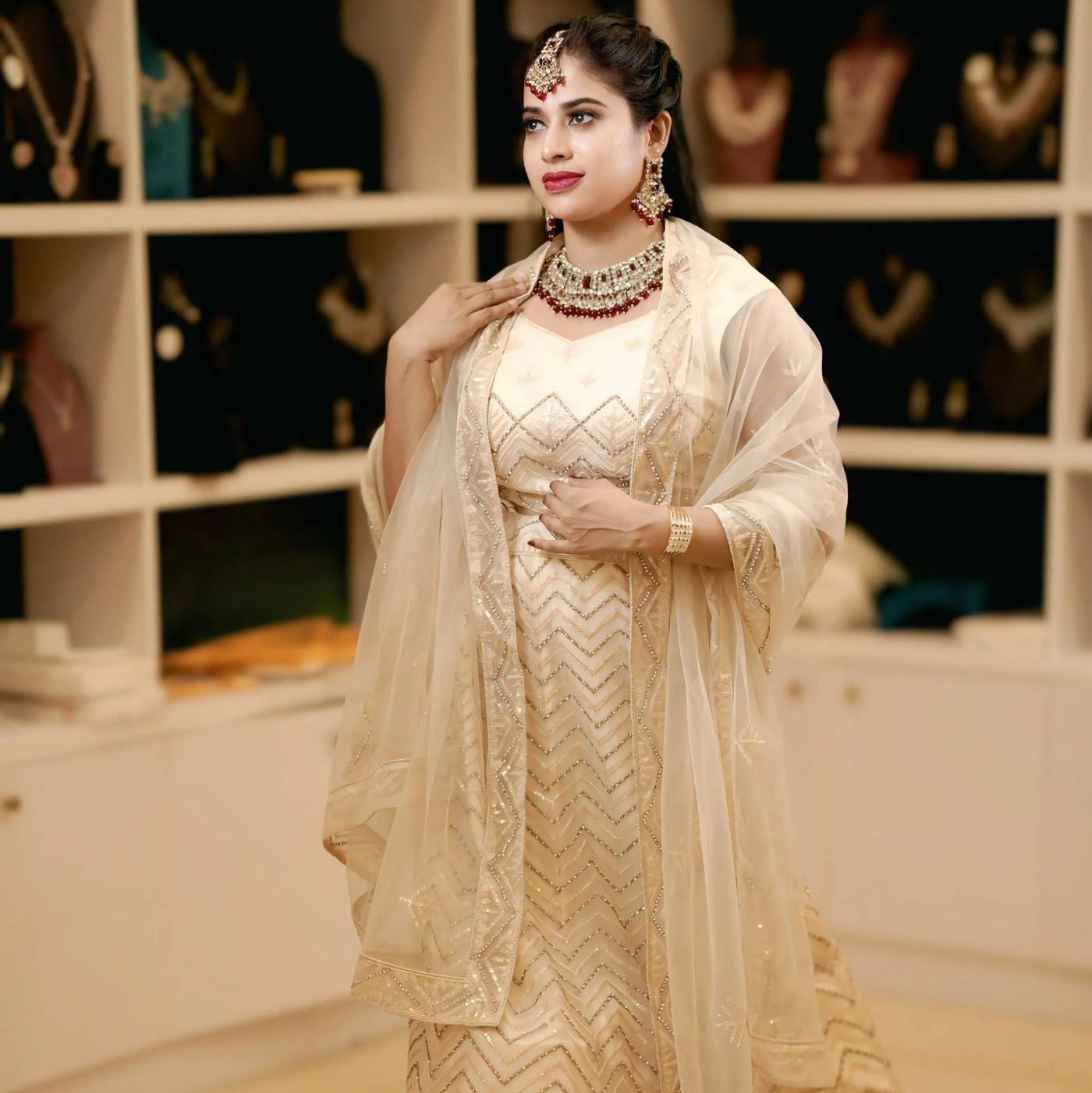 Off-White & Gold Embroidered Bridal Lehenga