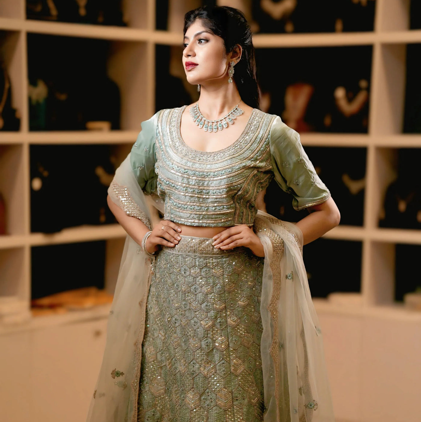 Pastel Sage Green Embroidered Lehenga