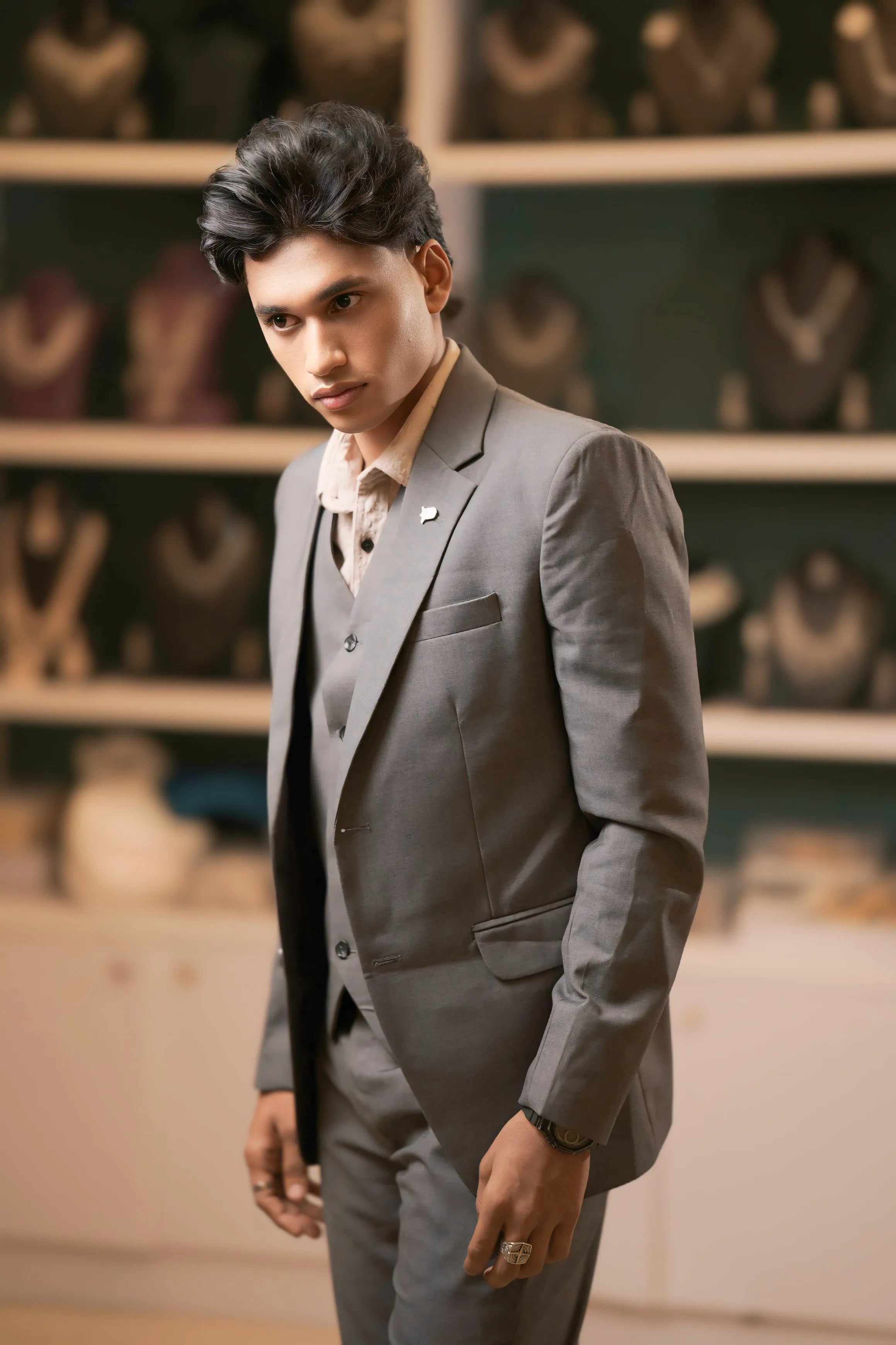 Boy wearing Grey Three-Piece Suit for party